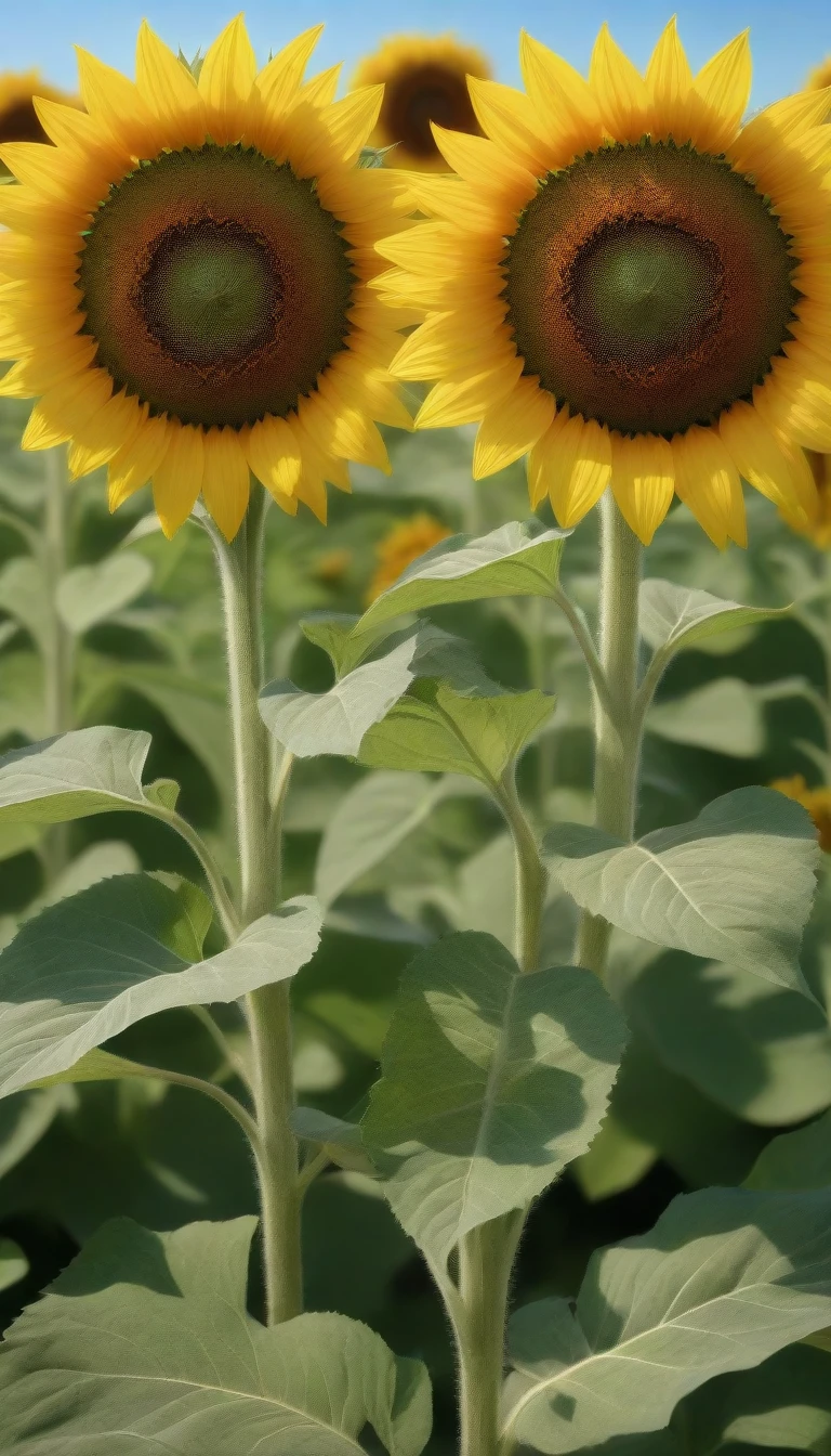 on a sunny day,In the middle of a huge lawn,Realistic portrait of two sunflowers side by side,Barrias Flores in the background