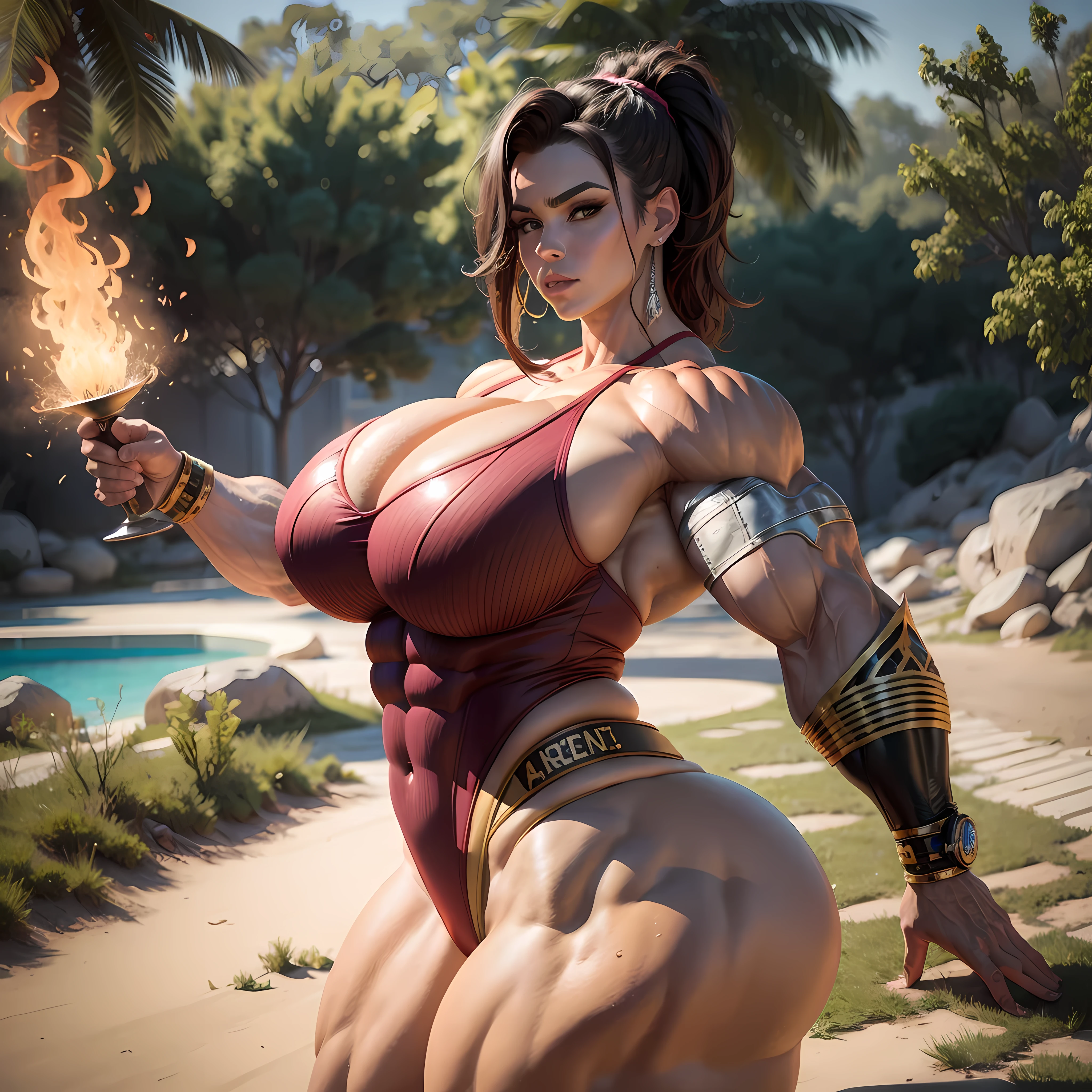 Uma senhora branca americana, (((Massive Female Bodybuilder:1.5))), (((huge muscular ass:1.5))), (wide hips), (slim waist), (((wide shoulders:1.2))), ((((Huge breasts:1.6)))), pawg, coxas grossas, fire shouryuken, 3d render em 8k, melhor qualidade, obra-prima, nikon, luz e sombras realista, 8k, ray tracing, NVIDIA, unreal engine 5