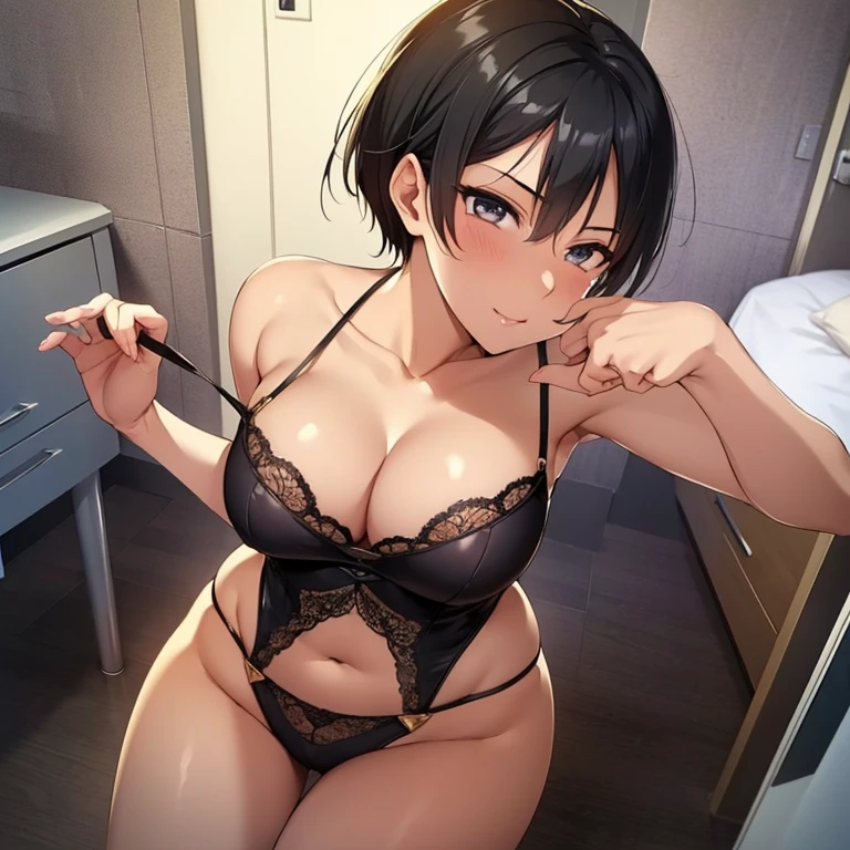 30 year old female, blackhair, tall, Face in love, sexy pose, full body view, Super high quality, masterpiece, Super fine, 8k, Only one person in the room, beautiful girl anime face, short hair, an inviting gesture, inviting face, nice body, Ultra-detailed gold lingerie, Garter belt, corset, Underwear emphasis