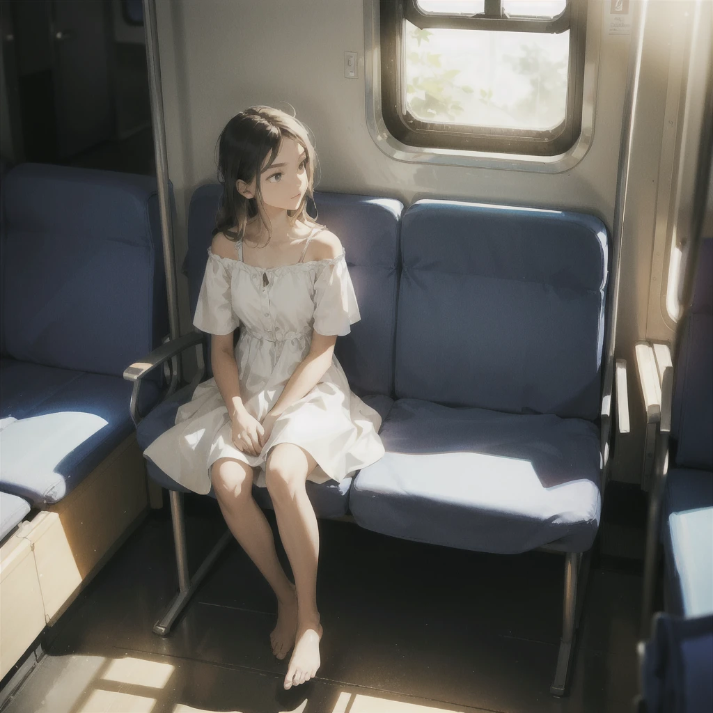 A beautiful girl  with a perfect, very beautiful gentle face rides in an empty train carriage barefoot in a light summer dress, in profile, SIDE VIEW, summer day, sunlight fills the carriage