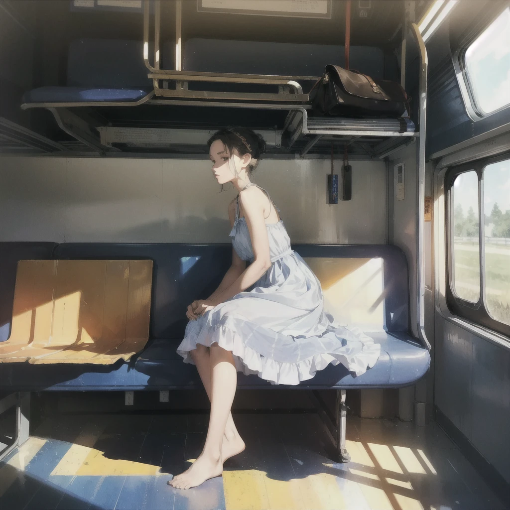 ((Beautiful slender thin girl  ((with a perfect, very beautiful gentle face)) with blond hair)) (rides in an empty train carriage) (Barefoot) (nude) (with small beautiful naked tender breasts) (with pink nipples) (with a slim waist) (with bare hips), (summer day, sunlight fills the carriage), (suitcases and bags), ((on the table there is tea in a glass holder and flowers in a vase, cookies and books)), (glare of the sun), (in a gentle watercolor style)