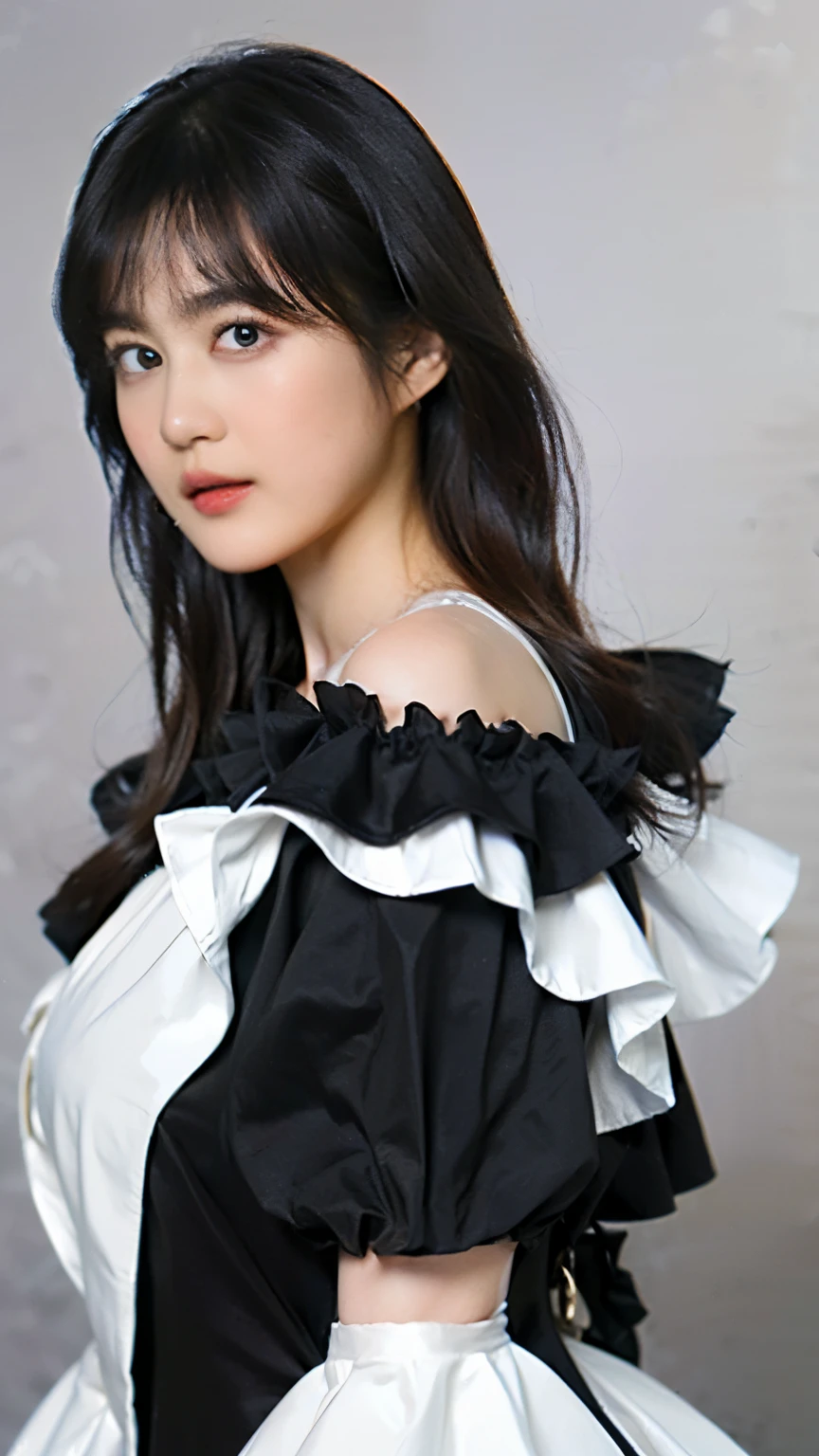 (((Masterpiece))),((top quality)),one beautiful girl,bangs、(long hair:1.5)、(((big breasts)))、23 years old、(Gorgeous white, grey and black ruffled dress:1.5)、race、 beautiful digital art work, beautiful fantasy art,(The background is plain:1.5)