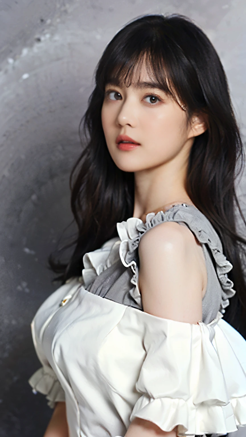 (((Masterpiece))),((top quality)),one beautiful girl,bangs、(long hair:1.5)、(((big breasts)))、23 years old、(Gorgeous white, grey and black ruffled dress:1.5)、race、 beautiful digital art work, beautiful fantasy art,(The background is plain:1.5)