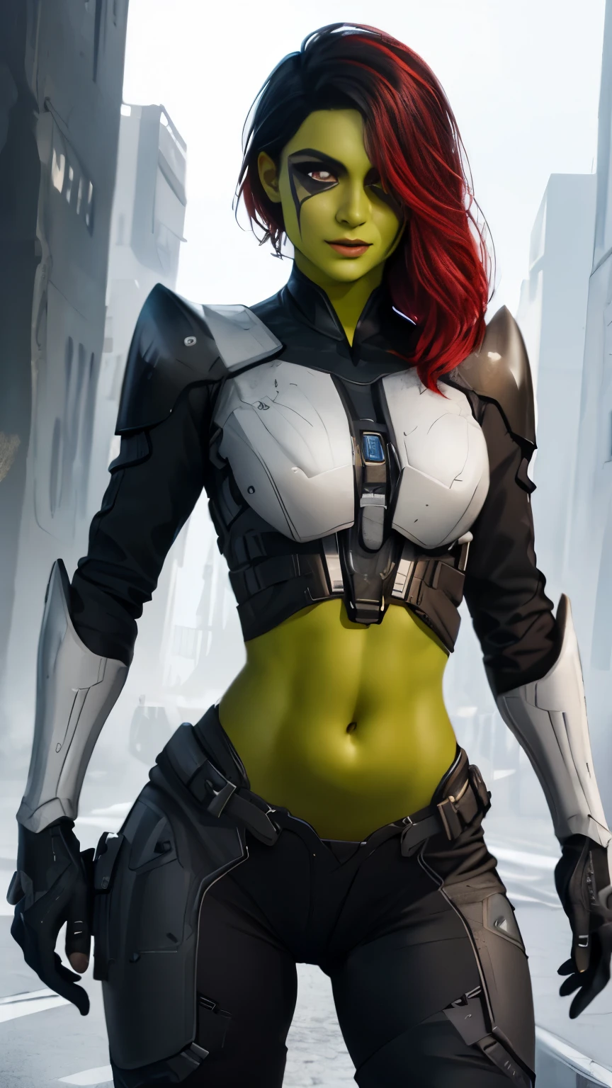 (Highly quality, masterpiece, detailed), science fiction city detailed scenario, science fiction detailed background, solo, 1woman, Gamora, green skin, multicolored hair, red eyes, hair over one eye, black and white cropped top, black and white leggings, armor, gloves, sleeves, belly button, light smile, beautiful eyes, look at the viewer, Sexy pose