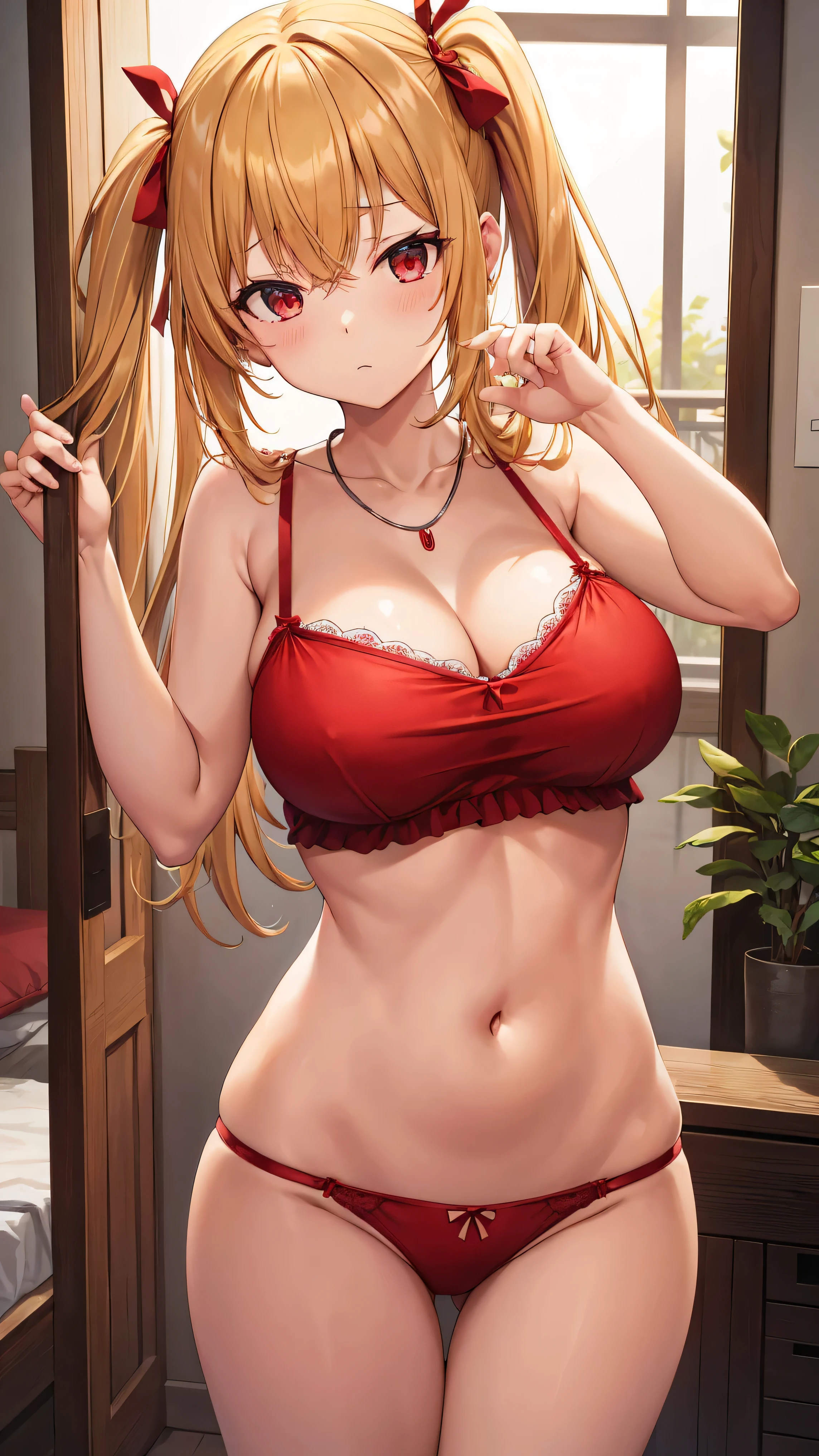 masutepiece、hight resolution、1girl in、Blonde Gal、in one's underwear only、red lingerie、poneyTail、large full breasts、a necklace、to close range、write、bending forward、Poses that emphasize large full breasts、Nasty body、