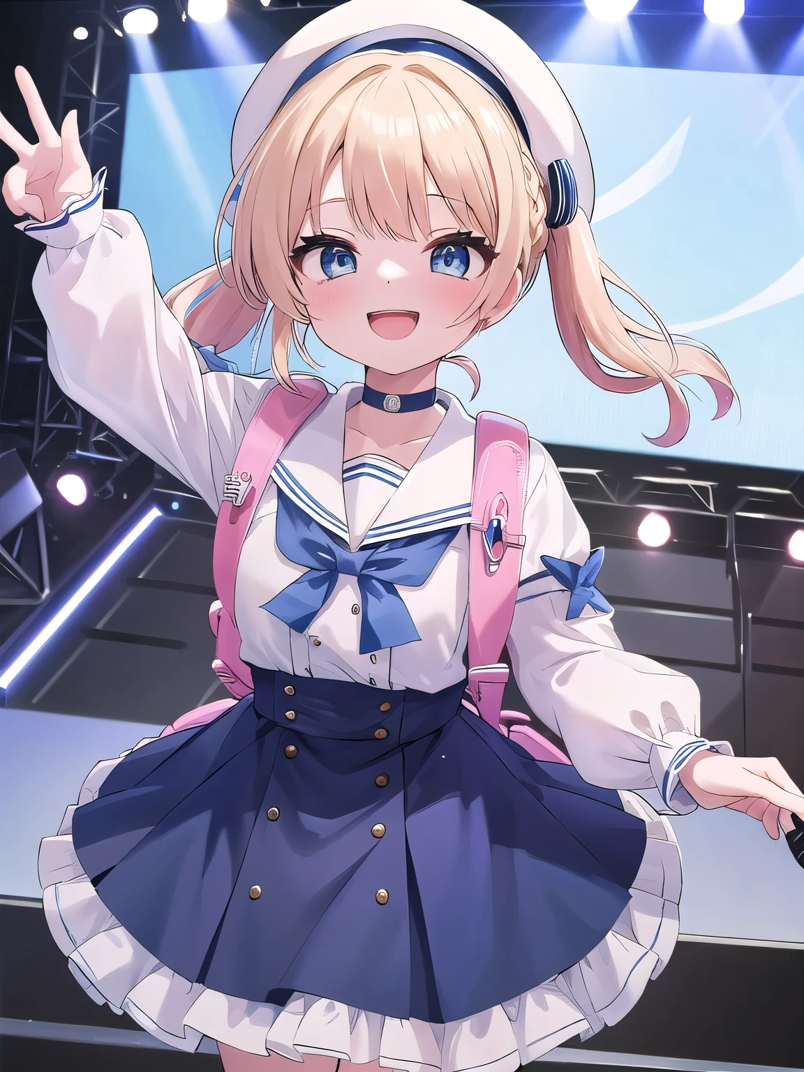 masterpiece, best quality, highres, 1girl, blonde hair, medium hair, idol dress,frilled dress , short twintails, braid, beret, white headwear, hat bow, choker, sailor collar, blue dress, long sleeves, wrist cuffs, stage, smile, open mouth, holding microphone, wearing school backpack, (backpack:1.1)