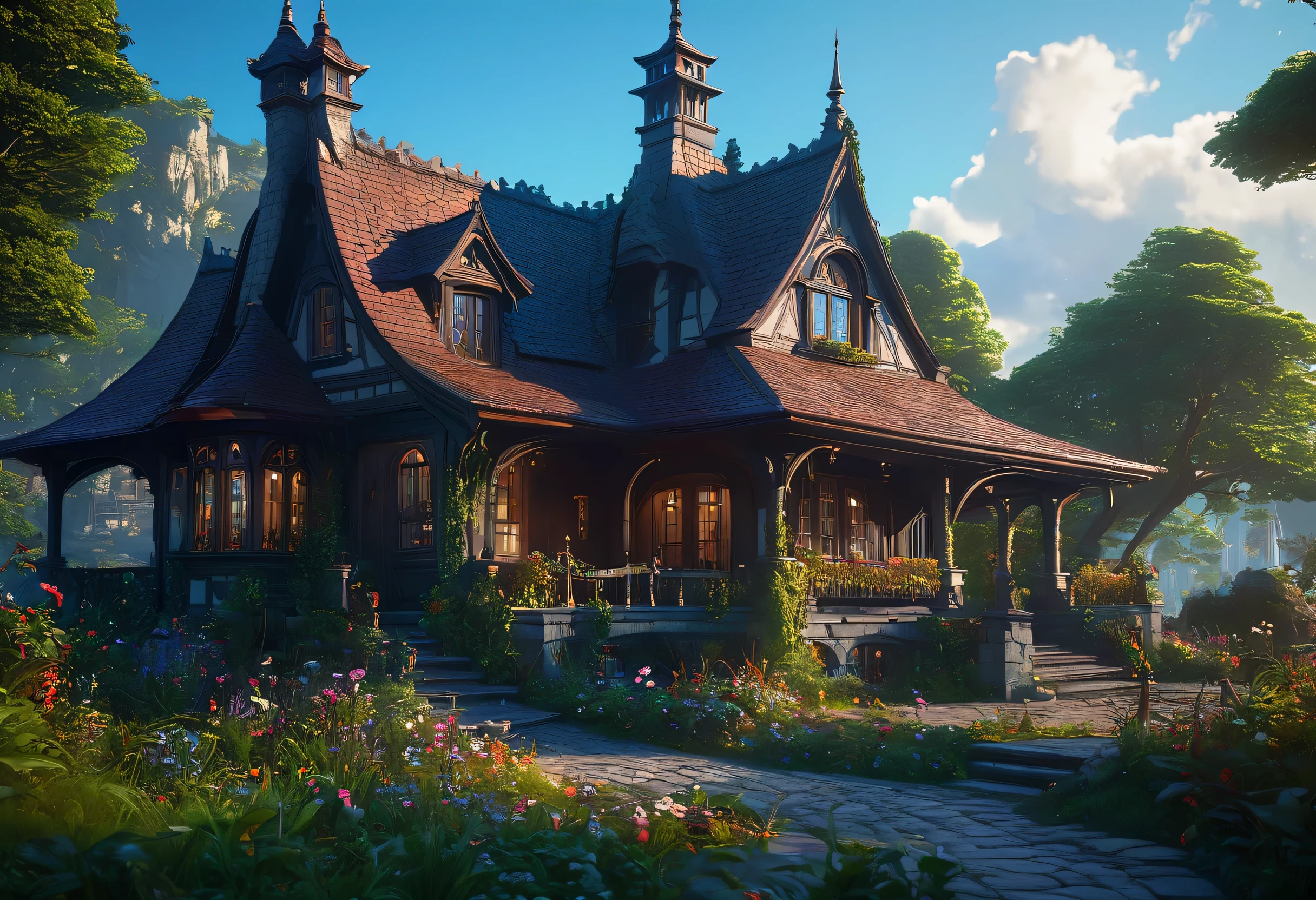 Close-up of a house with a lighted porch, Concept art inspired by Andreas Rocha, Art Station Contest Winner, fantasy art, fantasy house, Andreas Rocha Style, Beautiful rendering of a fairy tale, A pleasant and enchanting scene, realistic fantasy rendering, 4k detailed fantasy, dark fantasy setting, 8K high quality detailed art, super detailed fantasy, highly detailed fantasy