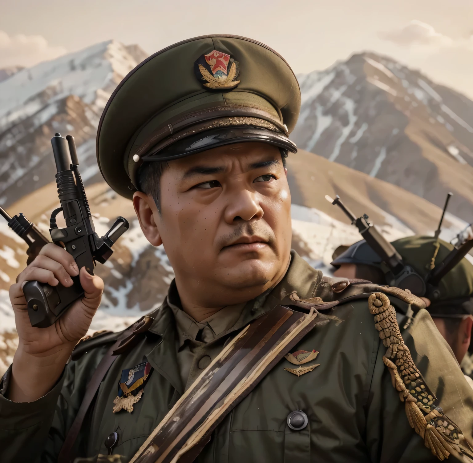 fat mature Chinese man soldier, rough face, has a scar on his face, black hair short military style cut, Chinese beige military Russian commander uniform, Chinese style military hat, holds a gun, he is in the mountains, Chinese soldiers in Soviet uniform formed beige, red sky, ultra Realistic, ultra detailed, hyper Realistic, 4k, ultra detailed image, Realistic, highly detailed, perfect composition, beautiful, Intricately detailed, incredibly detailed, 8 k artistic photography, hyper detailed, ultra Realistic masterpiece, ultra detailed, hyper Realistic, 4k, ultra detailed image, Realistic, highly detailed, perfect composition, beautiful, Intricately detailed, incredibly detailed, 8 k artistic photography, hyper detailed, masterpiece