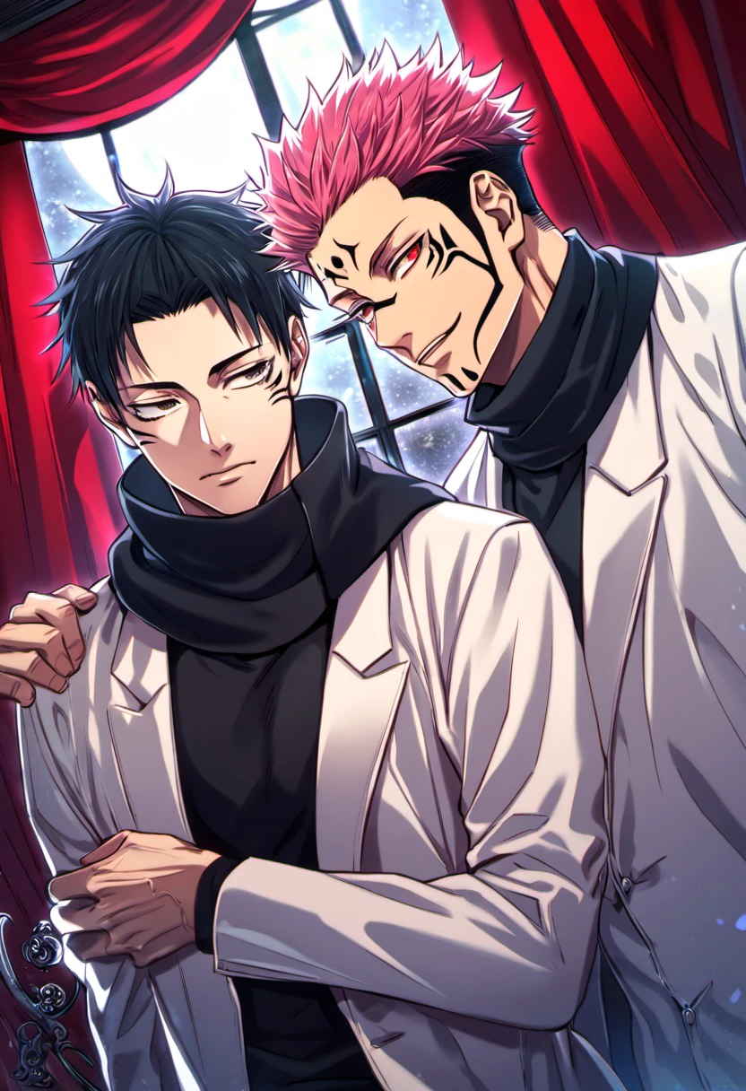 Ultra detailed, Highres, absurdres, HDR, Ryomen Sukuna, pink hair, red eyes, black scarf, white long coat, black tight shirt, Jujutsu Kaisen, Yuya, black hair, silver eyes, red curtains, moon, handsome, window, 2 men together, gay couple