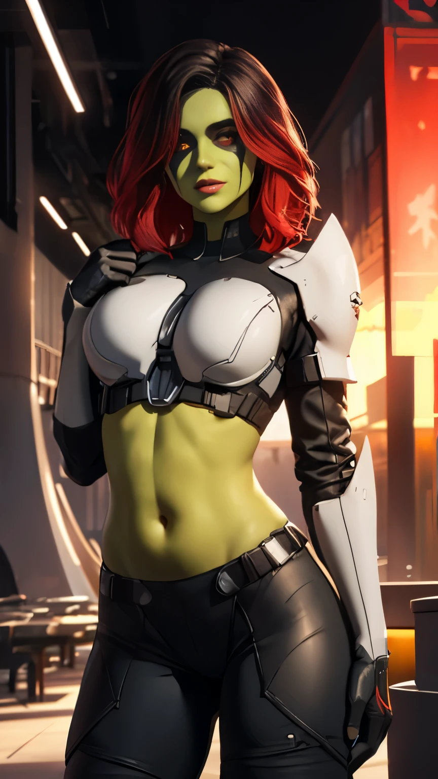 (Highly quality, masterpiece, detailed), science fiction city detailed scenario, science fiction detailed background, solo, 1woman, Gamora, green skin, multicolored hair, red eyes, hair over one eye, black and white cropped top, black and white leggings, armor, gloves, sleeves, belly button, light smile, beautiful eyes, look at the viewer, Sexy pose