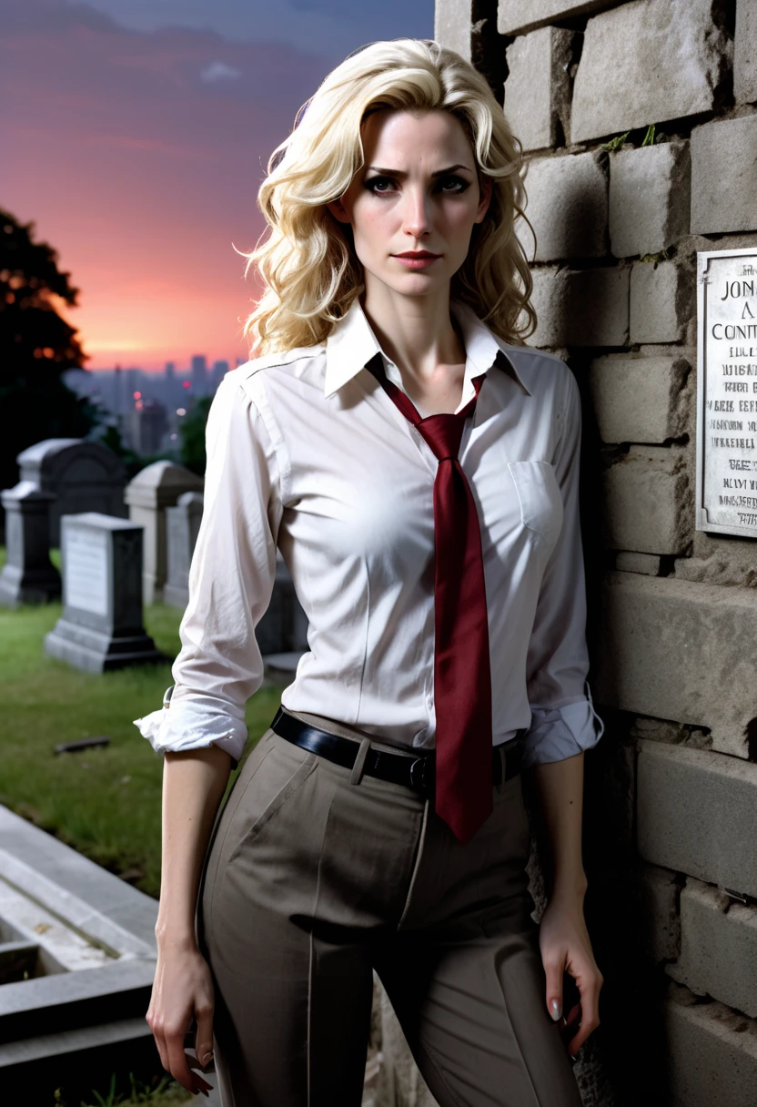 gender swapped female character (45 years old, 181cm tall, thin, athletic body, lean fingers, well kept nails, perfect pale skin, wavy blonde hair past the shoulders with silver grey strands visible in the light), dc comics character john constantine as female, clothing mildly disheveled, torn clothing (white shirt missing buttons, torn sleeves rolled up), jacket laying on the ground nearby, loosened red tie worn around the neck, smoking a long, thin freshly rolled cigarette, looking contemplative (slight smile), leaned against a stonework wall of a mausoleum in an old graveyard at dusk (cloudless skyline, late sunset outdoor lighting conditions, low shadows from nearby buildings)