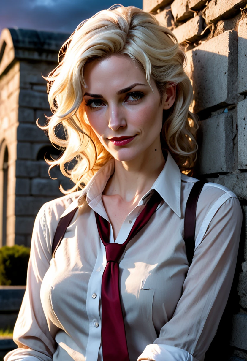 gender swapped female character (45 years old, 181cm tall, thin, athletic body, lean fingers, well kept nails, perfect pale skin, wavy blonde hair past the shoulders with silver grey strands visible in the light), dc comics character john constantine as female, clothing mildly disheveled, torn clothing (white shirt missing buttons, torn sleeves rolled up), jacket laying on the ground nearby, loosened red tie worn around the neck, smoking a long, thin freshly rolled cigarette, looking contemplative (slight smile), leaned against a stonework wall of a mausoleum in an old graveyard at dusk (cloudless skyline, late sunset outdoor lighting conditions, low shadows from nearby buildings)