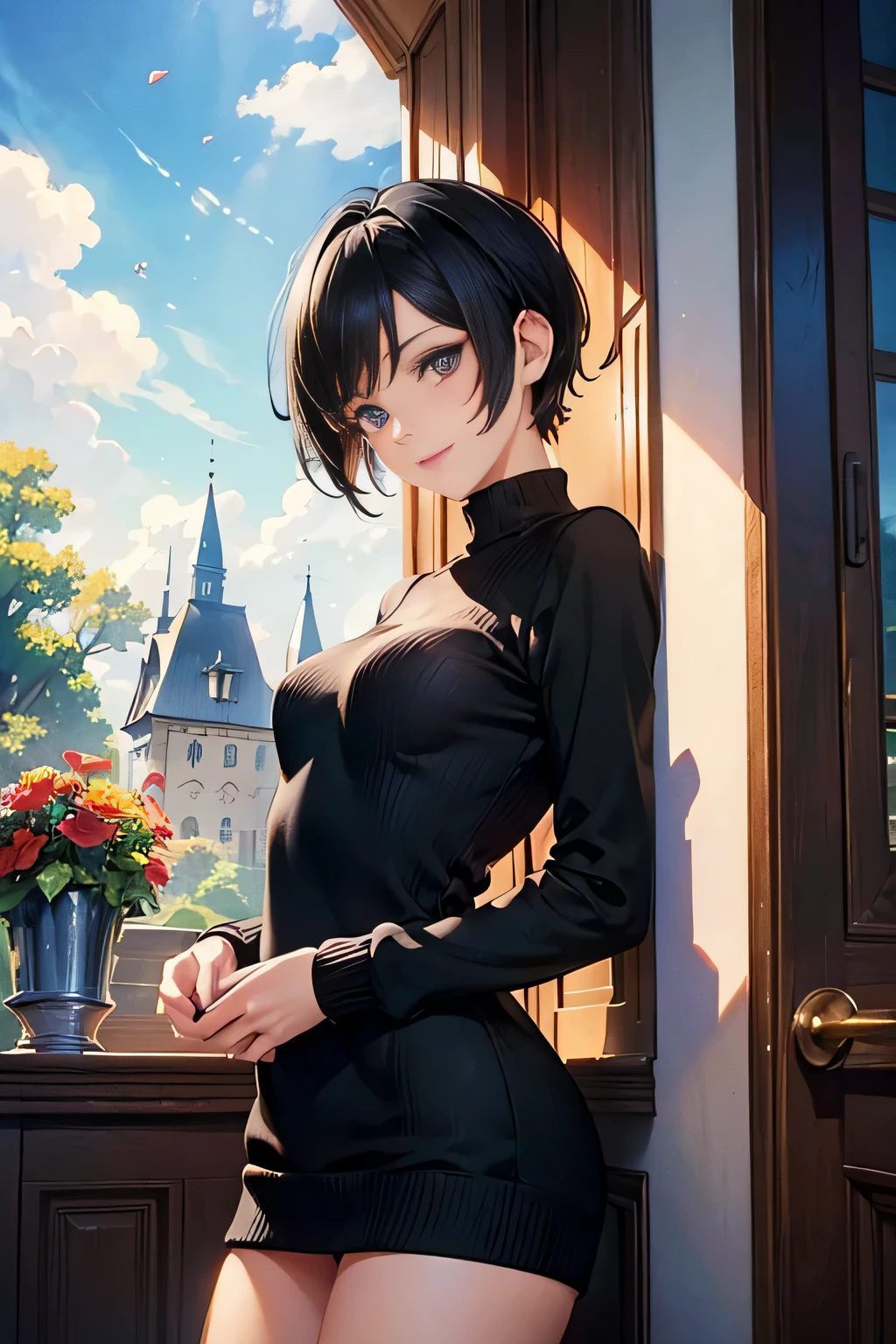 ((Pixie cut beautiful black hair,beautiful eyes)),Bright red one piece sexy knit sweater,(low angle,from below),(solo),((masterpiece, highest resolution,best quality)), (beautiful illustration), (looking at the viewer), innocent smile,cinematic lighting,beautiful house,window,garden,flowers,trees,blue sky