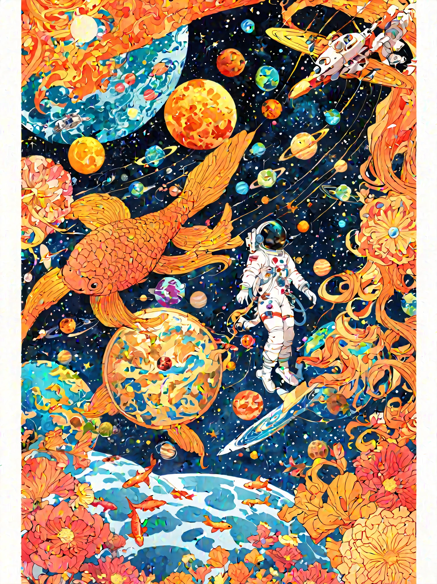 Painting of a beautiful astronaut holding a planet floating in space, just a joke, fantasy illustration, Inspired by James Jean, Psychedelic illustration, Colorful illustrations, Inspired by NEVERCREW, Fantasy psychedelic animation, ! cmyk palette, Koi floating in space, planet，Earth，The background has streamers，planet，space station，spaceship and tristan eaton, Anime art nouveau universe display