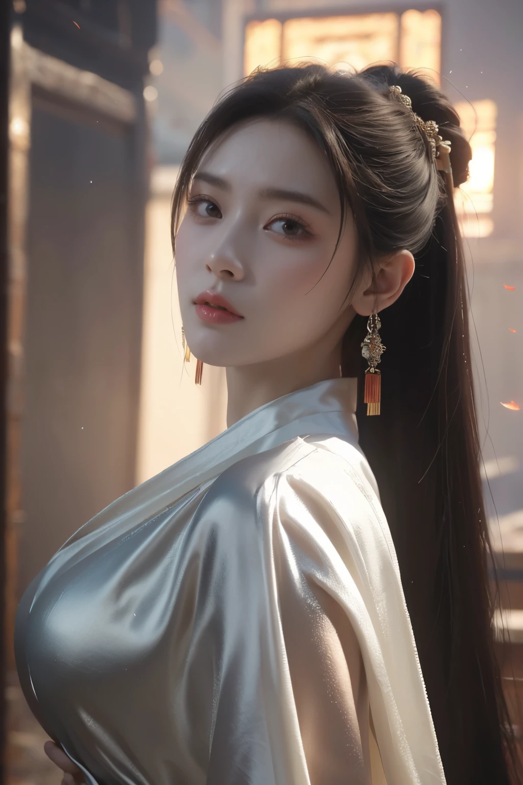 Game art,The best picture quality,Highest resolution,8K,((A bust photograph)),((Portrait)),((Head close-up)),(Rule of thirds),Unreal Engine 5 rendering works, (The Girl of the Future),(Female Warrior), 22 year old girl,(Ancient Chinese women),(Rainbow hair,Ancient Oriental hairstyle),((The pupils of the red eyes:1.3)),(A beautiful eye full of detail),(Big breasts),(Eye shadow),Elegant and charming,indifferent,((Anger)),(A silk coat with ancient Chinese style,Bellyband,The clothes are decorated with patterns with Chinese characteristics,A flash of jewellery,White),(The clothes are made of silk:1.5),figure,fantasy style, photo poses,city background,Movie lights,Ray tracing,Game CG,((3D Unreal Engine)),OC rendering reflection pattern