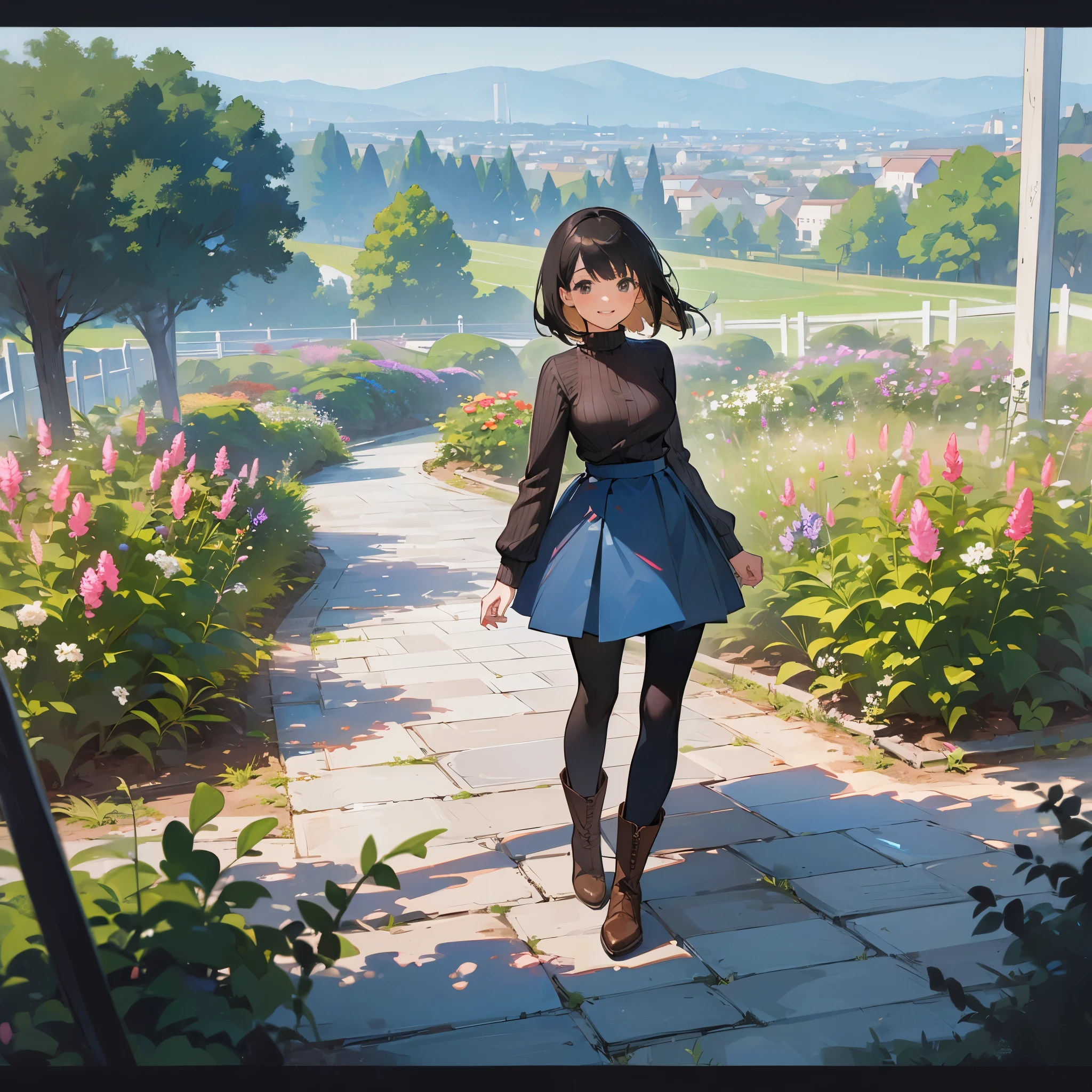 (high quality, High resolution, Super detailed, reality:1.37), peaceful atmosphere, (outdoor, garden), teenage girl standing alone, (my breasts are big.), Beautiful detail features, cute smile, (black bob hair), ribbed sweater, blue skirt, black tights, brown boots.