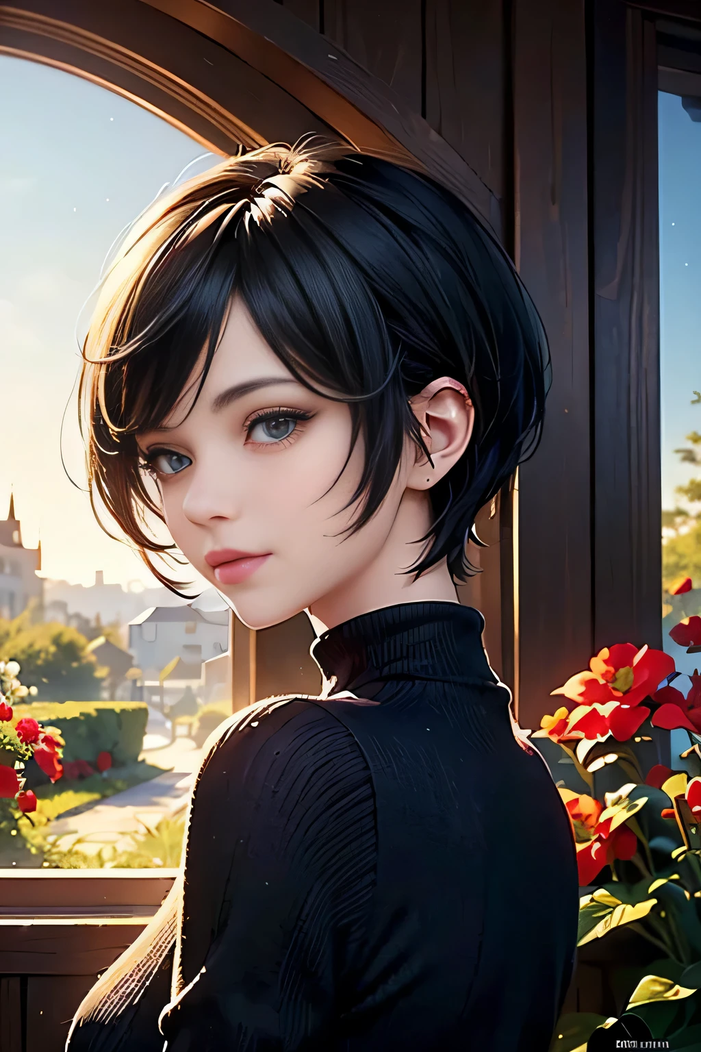 ((Pixie cut beautiful black hair,beautiful eyes)),Bright red one piece sexy knit sweater,(low angle,from below),(solo),((masterpiece, highest resolution,best quality)), (beautiful illustration), (looking at the viewer), innocent smile,cinematic lighting,beautiful house,window,garden,flowers,trees,blue sky