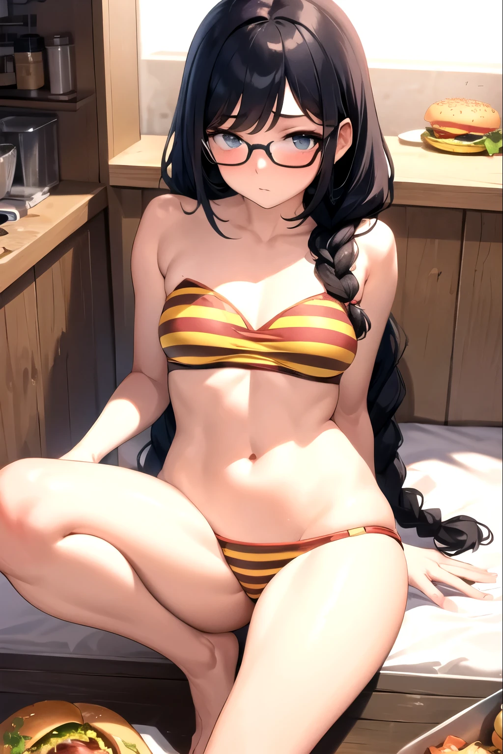 masterpiece, best quality, 1girl, long hair, glasses, burger, bored, braid,