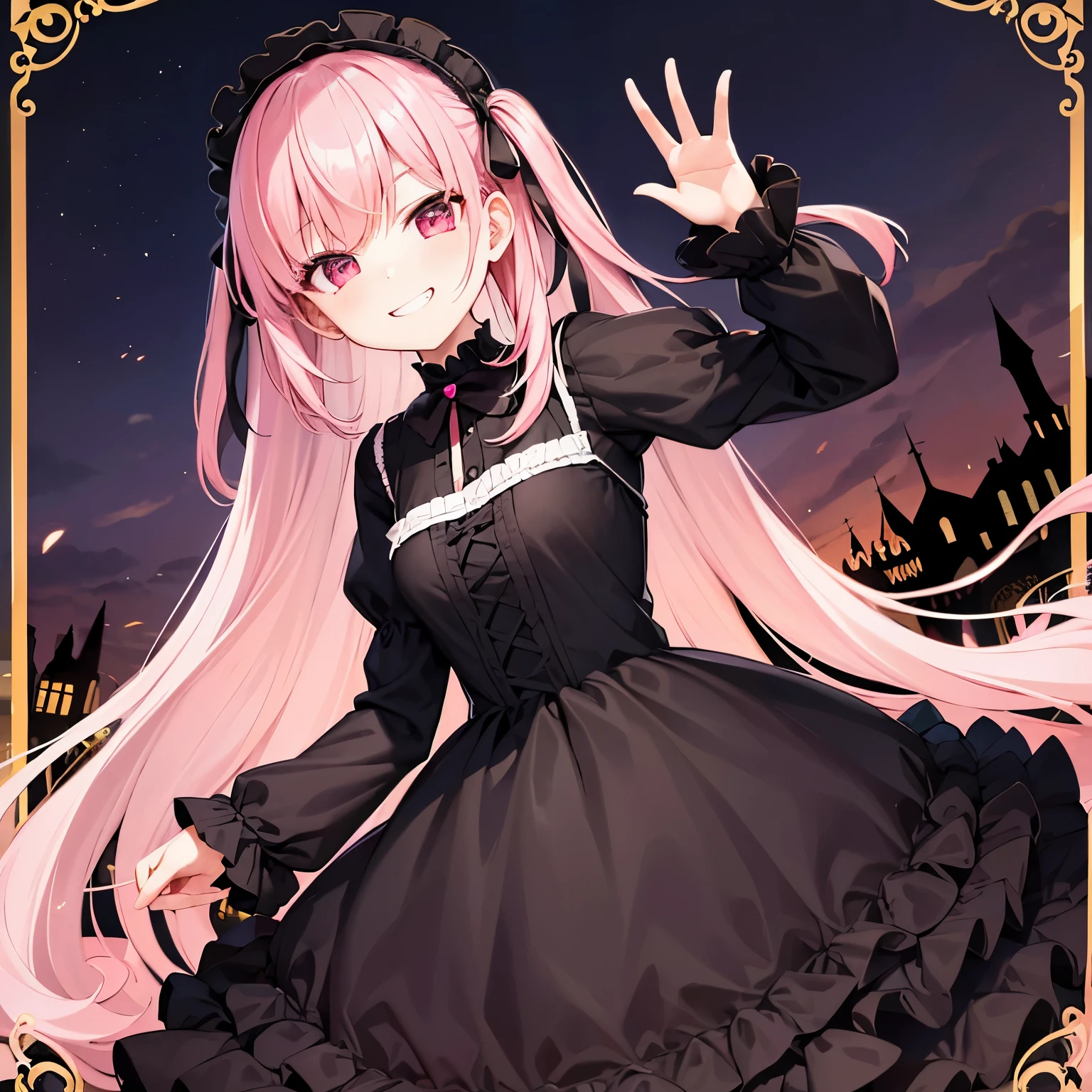 (highest quality),((whole body)),(one girl),wearing black lolita dress,pink hair,Garden outside the mansion,night, evil grin, half-closed eyes, waving a whip with her left hand