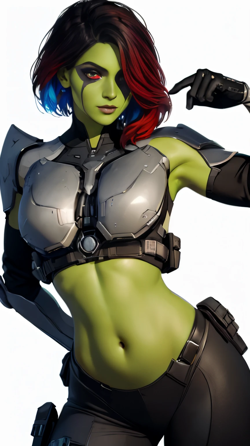 (Highly quality, masterpiece, detailed), science fiction city detailed scenario, science fiction detailed background, solo, 1woman, Gamora, green skin, multicolored hair, red eyes, hair over one eye, black and white cropped top, black and white leggings, armor, gloves, sleeves, belly button, light smile, beautiful eyes, look at the viewer, Sexy pose