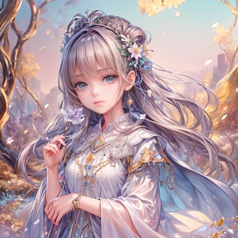(highest quality:1.4),(masterpiece:1.4),Super detailed,8K,cg,exquisite,Upper body,,thumb girl,little princess,loose coat dress,garden background,detailed facial features,long curly hair,almond eye,Subtle eye makeup,long fluttering eyelashes,Sparkling starry eyes,And a starry gaze, intricate lip details,soft and harmonious style.