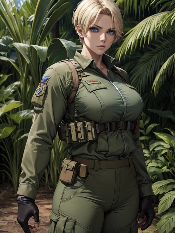 Beautiful woman short blonde hair blue eyes muscular body top military pants serious face in the jungle