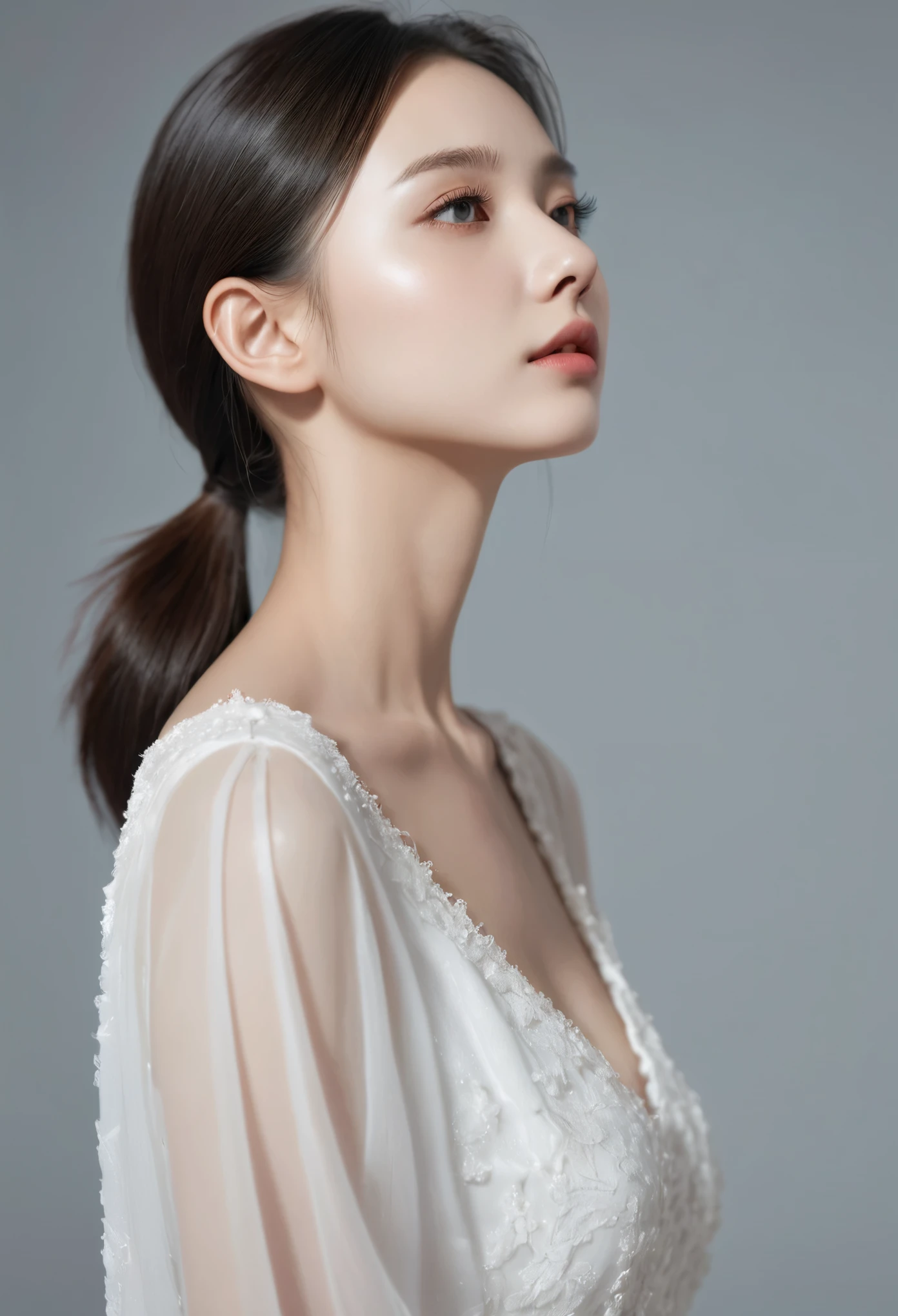 ((Best Quality, 8K )),  A young cute profile woman, photorealistic, side view, portrait, ultra realistic, high detailed, high detailed skin, high quality, white dress,high detailed skin, high quality, delicate eyes, double eyelids,