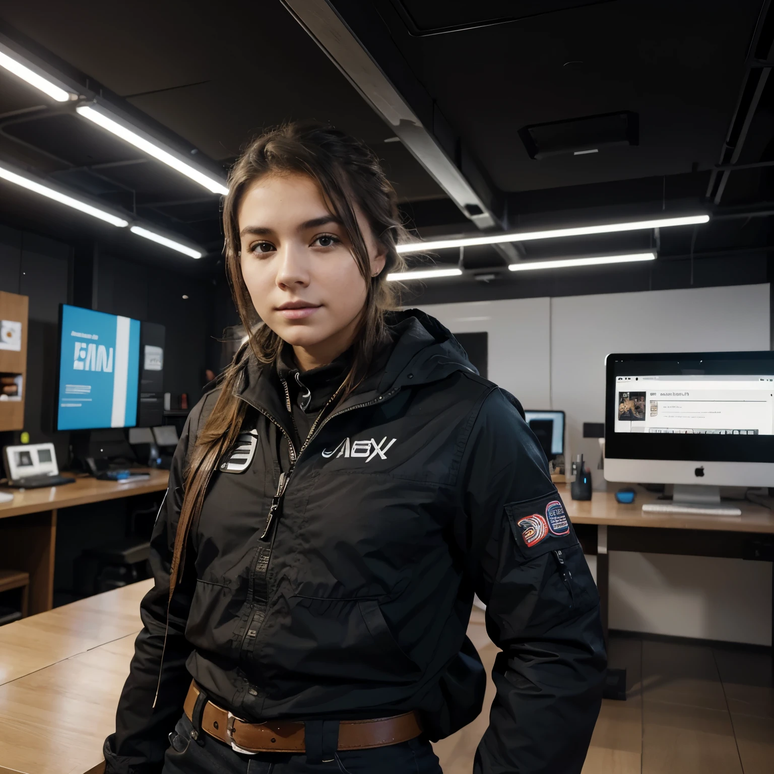a woman sits in front of a computer screen, messy table , jacket says "KYLIA", dinding poster game, sharpen the details.