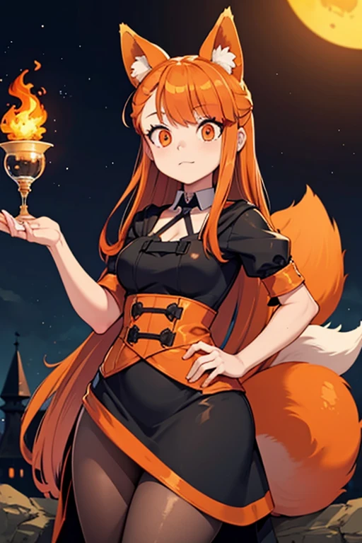 An orange haired female witch with copper eyes and hourglass figure with orange fox ears and an orange fox tail in a conservative lolita witch dress is practicing fire magic at night.
