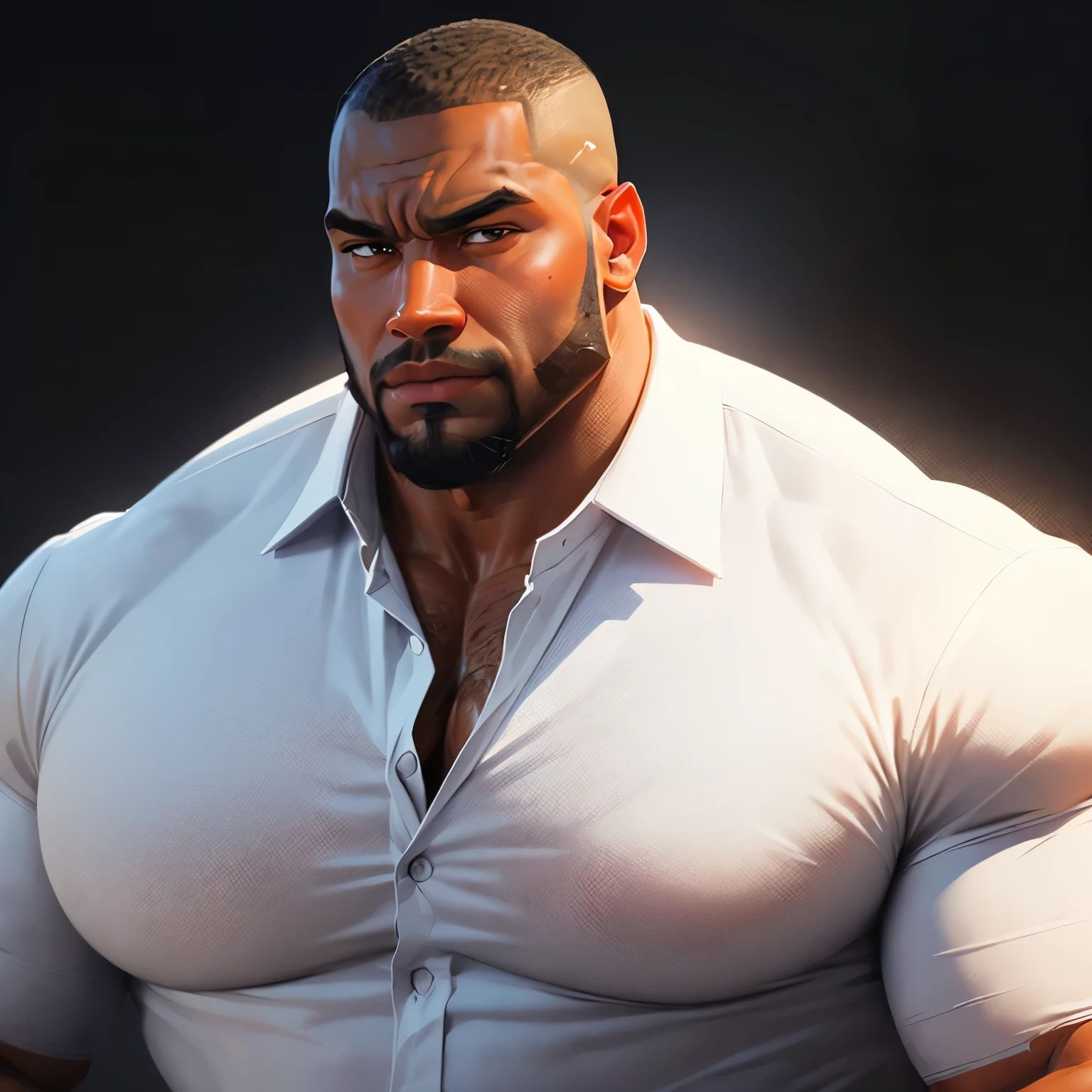 an exaggeratedly muscular and large bodyguard, beefy build, beard, dark-skinned african american male, buzzcut hair with square line, worried expression, (wearing white collared business shirt: 1.2), barely buttoned, (bara pecs: 1.3), (arm and chest hair: 1.1), close-up portrait HD, (modern fluorescent lecture hall)