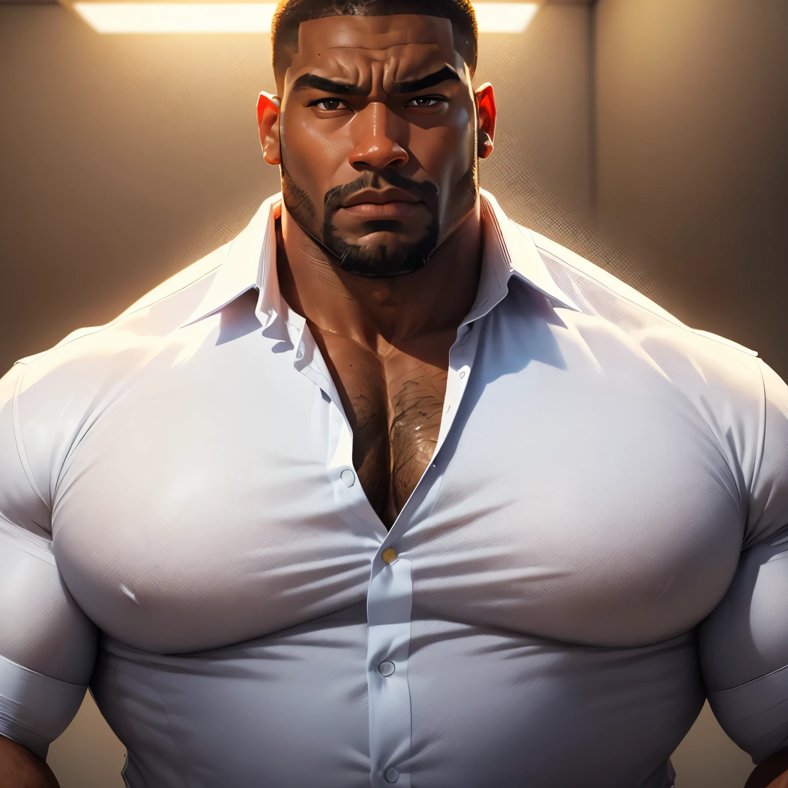 an exaggeratedly muscular and large bodyguard, beefy build, beard, dark-skinned african american male, buzzcut hair with square line, worried expression, (wearing white collared business shirt: 1.2), barely buttoned, (bara pecs: 1.3), (arm and chest hair: 1.1), close-up portrait HD, (modern fluorescent lecture hall)