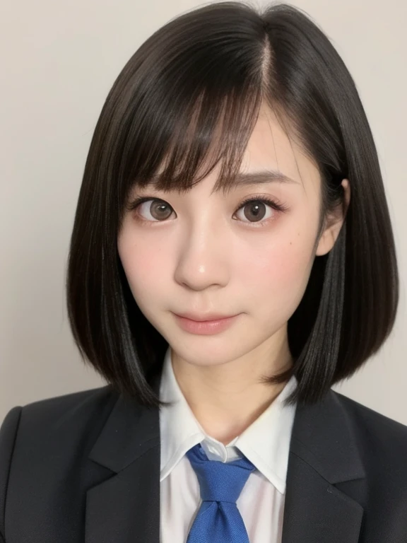 (kawaii 18 year-old Japanese highschool girl, Nogizaka idol, Korean idol), (glossy black hair, very short hair, symmetric hair length, even hair length:1.3), (forehead), (rounded face, black eyes, single eyelid, no makeup, serious expression:1.2), (wearing Japanese school uniforms, blazer jacket, collared shirt, necktie:1.3), flat chest, extra small breasts, (looking at viewer:1.2), BREAK, (simple white background:1.3), (view from straight forward, portrait, id photo, face focus:1.3), face focus, BREAK, (masterpiece, best quality, photo realistic, official art:1.4), (UHD, 8K quality wallpaper, high resolution, raw photo, golden ratio:1.2), (shiny skin), professional lighting, physically based rendering, award winning, (perfect anatomy, highly detailed skin, extremely detailed face and eyes), Carl Zeiss 85 mm F/1.4, depth of field, 1girl, solo,