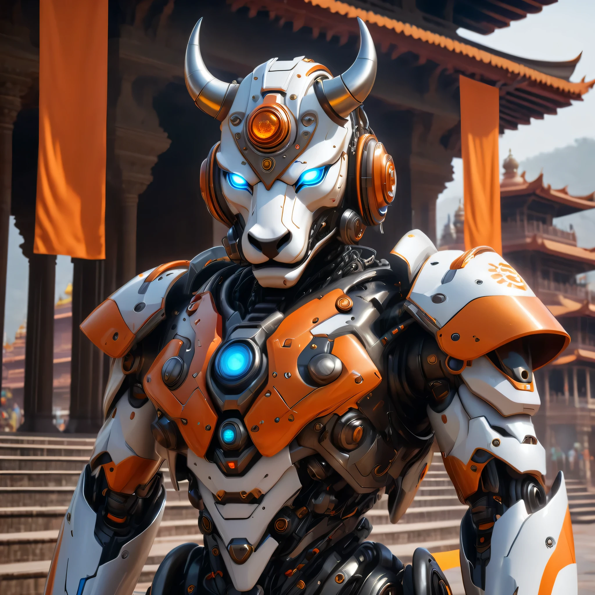an ultra detailed, hiper realism, digital art, of a mecha cow, orange eyes, with in an elegant india flag colors in your cyborg armor with mechanic parts and cyborg helmet and Sri Ranganathaswamy Temple on background , sci-fi armor, super detailed armor, carbon textures, ghost in the shell, deus ex, full body shot, action pose, ultra sharp focus, award winning photography, perfect contrast, high sharpness, depth of field, ultra detailed photography, global illumination, smooth, 18mm, full body vision, ultra high definition, 8k, unreal engine 5, ultra sharp focus, award winning photography, trending on artstation