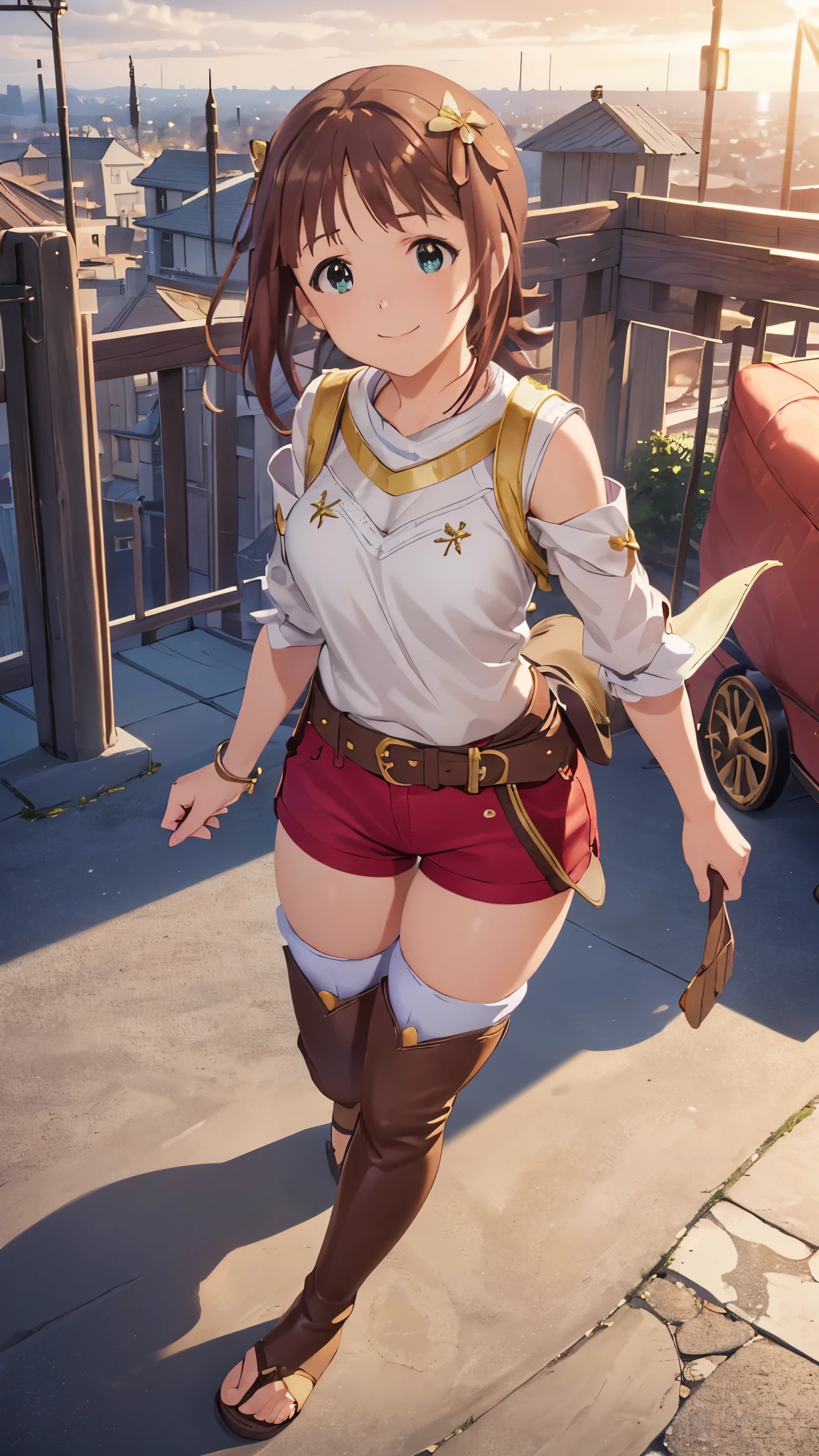 CG, unity, 8k, wallpaper, highest quality, masterpiece, 1 girl, haruka amami, idol pose, smile, view audience, (Knee-high boots that expose your toes like sandals: 1.5), thighs, sexy, best lighting, complex pupils, complex textile, realistic skin texture, detailed background, (In a Western-style fantasy city), outdoors