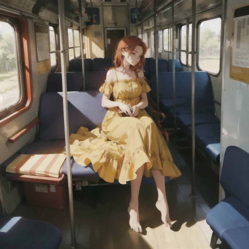 A beautiful girl  with a perfect, very beautiful gentle face with red hair rides in an empty train car barefoot in a light summer yellow dress, in profile, SIDE VIEW, summer day, sunlight fills the carriage