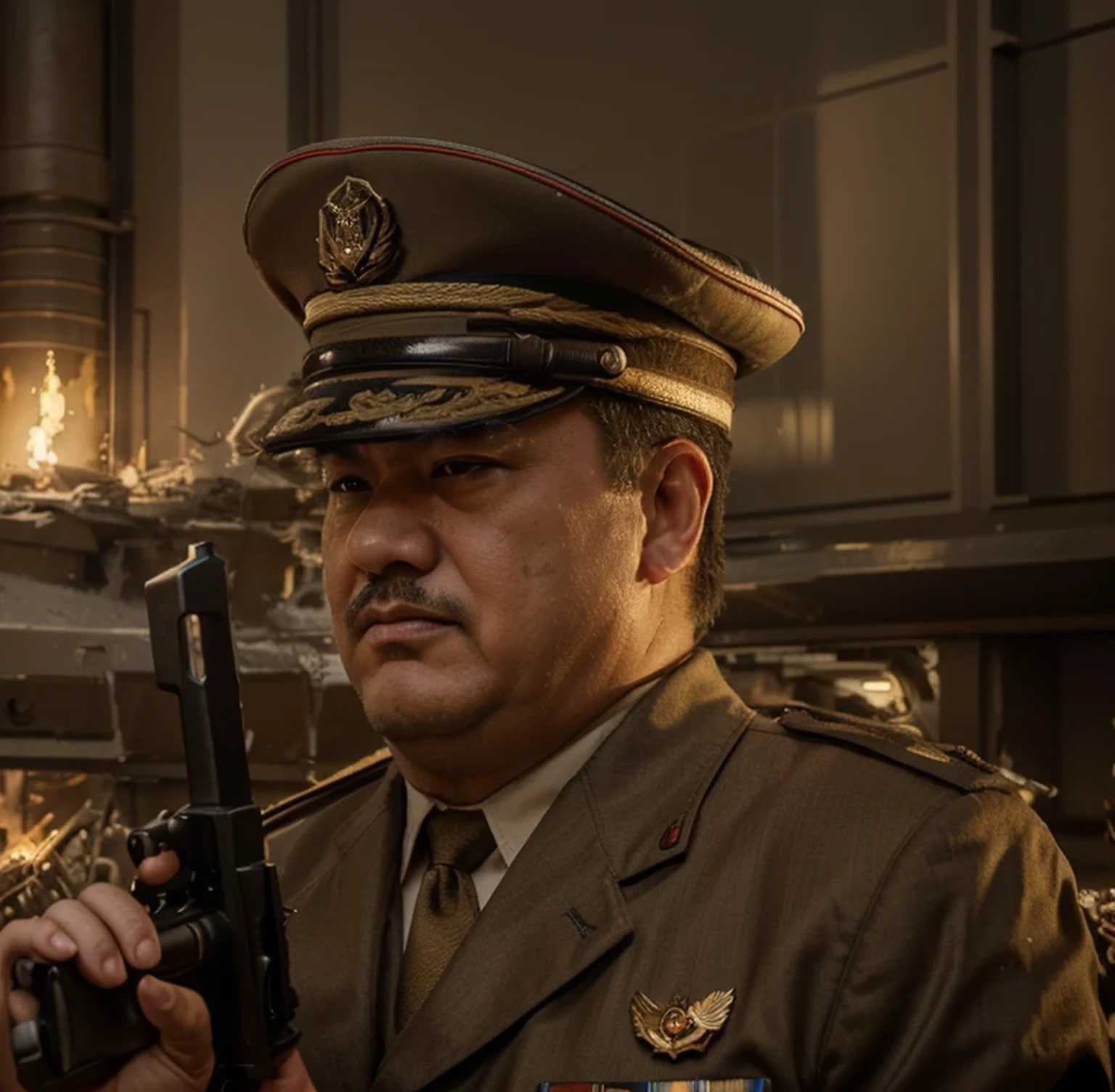 fat mature Chinese man soldier, rude face, has a scar on his face, black hair short military style cut, Chinese beige military Russian commander uniform, Chinese style military hat, holds a gun, he is in the mountains, Chinese tanks Soviet style color , red sky, ultra Realistic, ultra detailed, hyper Realistic, 4k, ultra detailed image, Realistic, highly detailed, perfect composition, beautiful, Intricately detailed, incredibly detailed, 8 k artistic photography, hyper detailed, ultra Realistic masterpiece, ultra detailed, hyper Realistic, 4k, ultra detailed image, Realistic, highly detailed, perfect composition, beautiful, Intricately detailed, incredibly detailed, 8 k artistic photography, hyper detailed, masterpiece