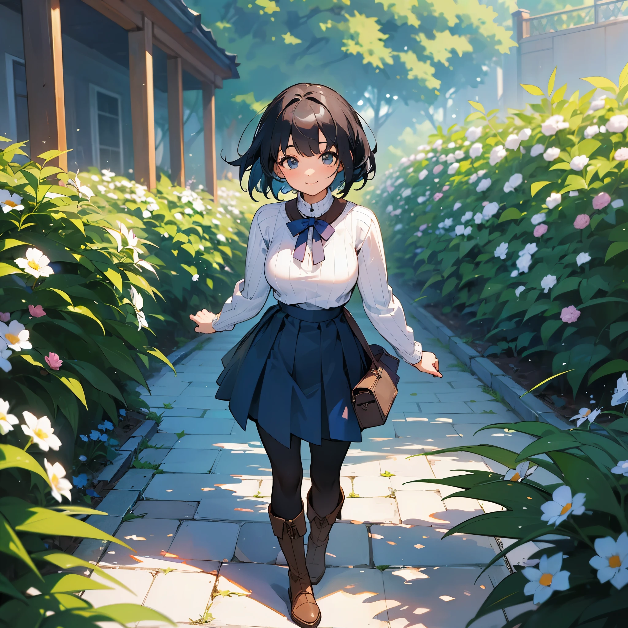 (high quality, High resolution, Super detailed, reality:1.37), peaceful atmosphere, (outdoor, garden), teenage girl standing alone, (my breasts are big.), Beautiful detail features, cute smile, (black bob hair), ribbed sweater, blue skirt, black tights, brown boots.