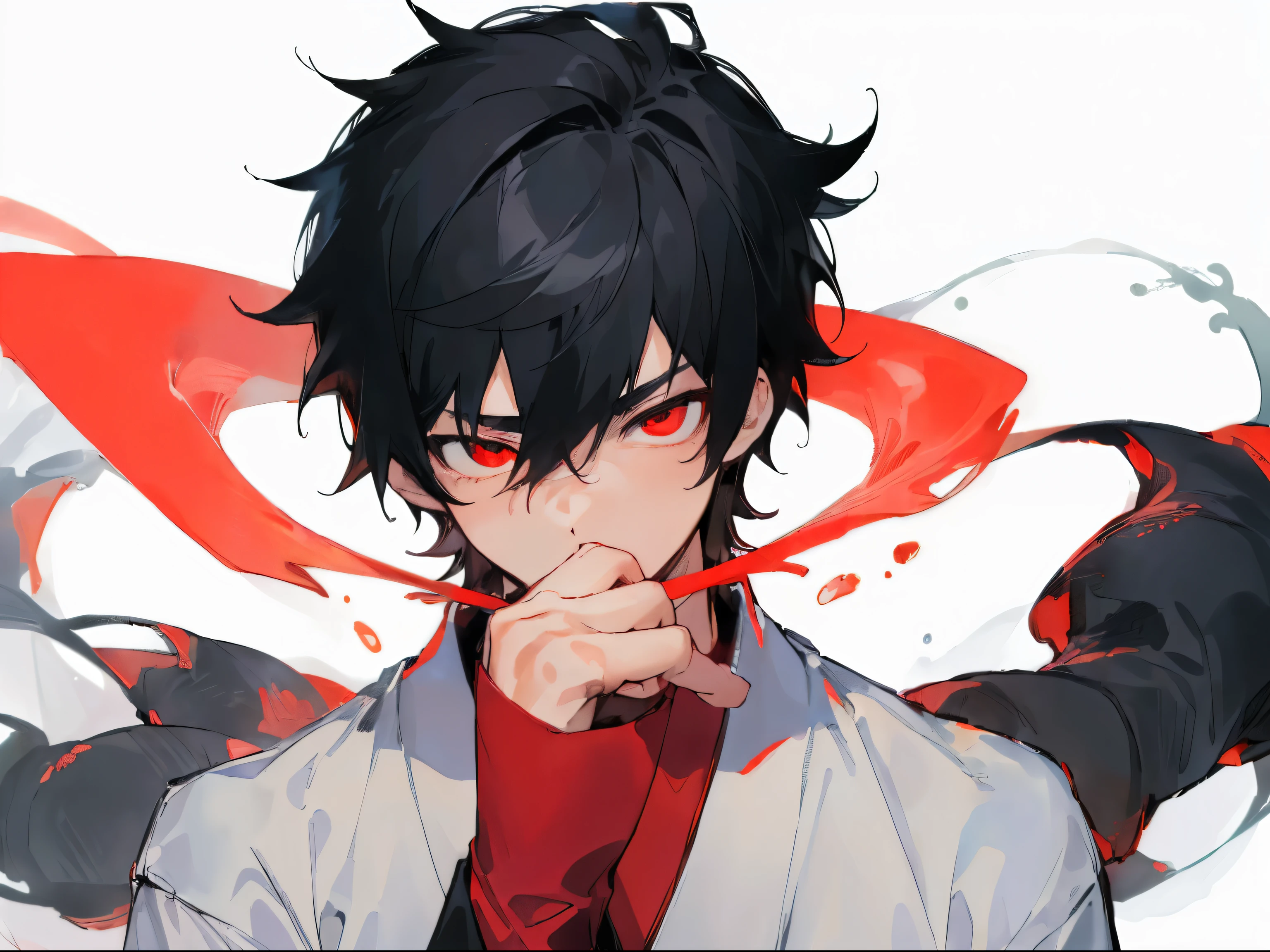 [(white background:1.5),::5], ((((masterpiece)))), high quality, ultra high resolution, full color, (((alone))), ((boy)), black hair, ((black hair)), glowing red eyes, japanese cartoon movies, upper body, neon lights, upper body, red energy, character in the center, (((long sleeves rolled up))), ((Suit))