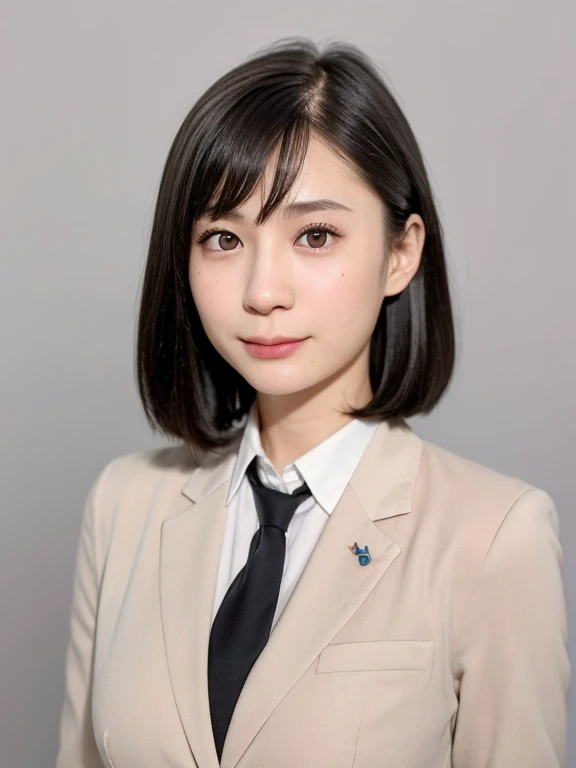 (kawaii 18 year-old Japanese highschool girl, Nogizaka idol, Korean idol), (glossy black hair, very short hair, symmetric hair length, even hair length:1.3), (forehead), (rounded face, black eyes, single eyelid, no makeup, serious expression:1.2), (wearing Japanese school uniforms, blazer jacket, collared shirt, necktie:1.3), flat chest, extra small breasts, (looking at viewer:1.2), BREAK, (simple white background:1.3), (view from straight forward, portrait, id photo, face focus:1.3), face focus, BREAK, (masterpiece, best quality, photo realistic, official art:1.4), (UHD, 8K quality wallpaper, high resolution, raw photo, golden ratio:1.2), (shiny skin), professional lighting, physically based rendering, award winning, (perfect anatomy, highly detailed skin, extremely detailed face and eyes), Carl Zeiss 85 mm F/1.4, depth of field, 1girl, solo,