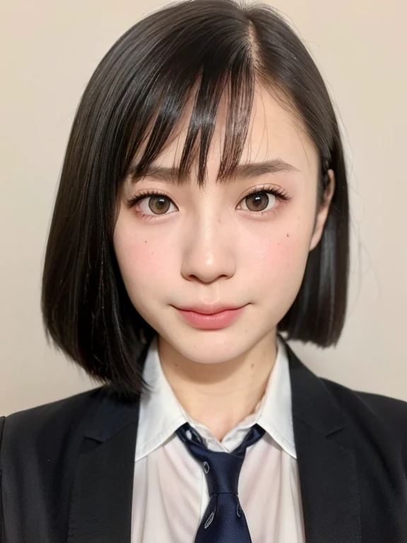 (kawaii 18 year-old Japanese highschool girl, Nogizaka idol, Korean idol), (glossy black hair, very short hair, symmetric hair length, even hair length:1.3), (forehead), (rounded face, black eyes, single eyelid, no makeup, serious expression:1.2), (wearing Japanese school uniforms, blazer jacket, collared shirt, necktie:1.3), flat chest, extra small breasts, (looking at viewer:1.2), BREAK, (simple white background:1.3), (view from straight forward, portrait,  id photo, face focus:1.3), face focus, BREAK, (masterpiece, best quality, photo realistic, official art:1.4), (UHD, 8K quality wallpaper, high resolution, raw photo, golden ratio:1.2), (shiny skin), professional lighting, physically based rendering, award winning, (perfect anatomy, highly detailed skin, extremely detailed face and eyes), Carl Zeiss 85 mm F/1.4, depth of field, 1girl, solo,