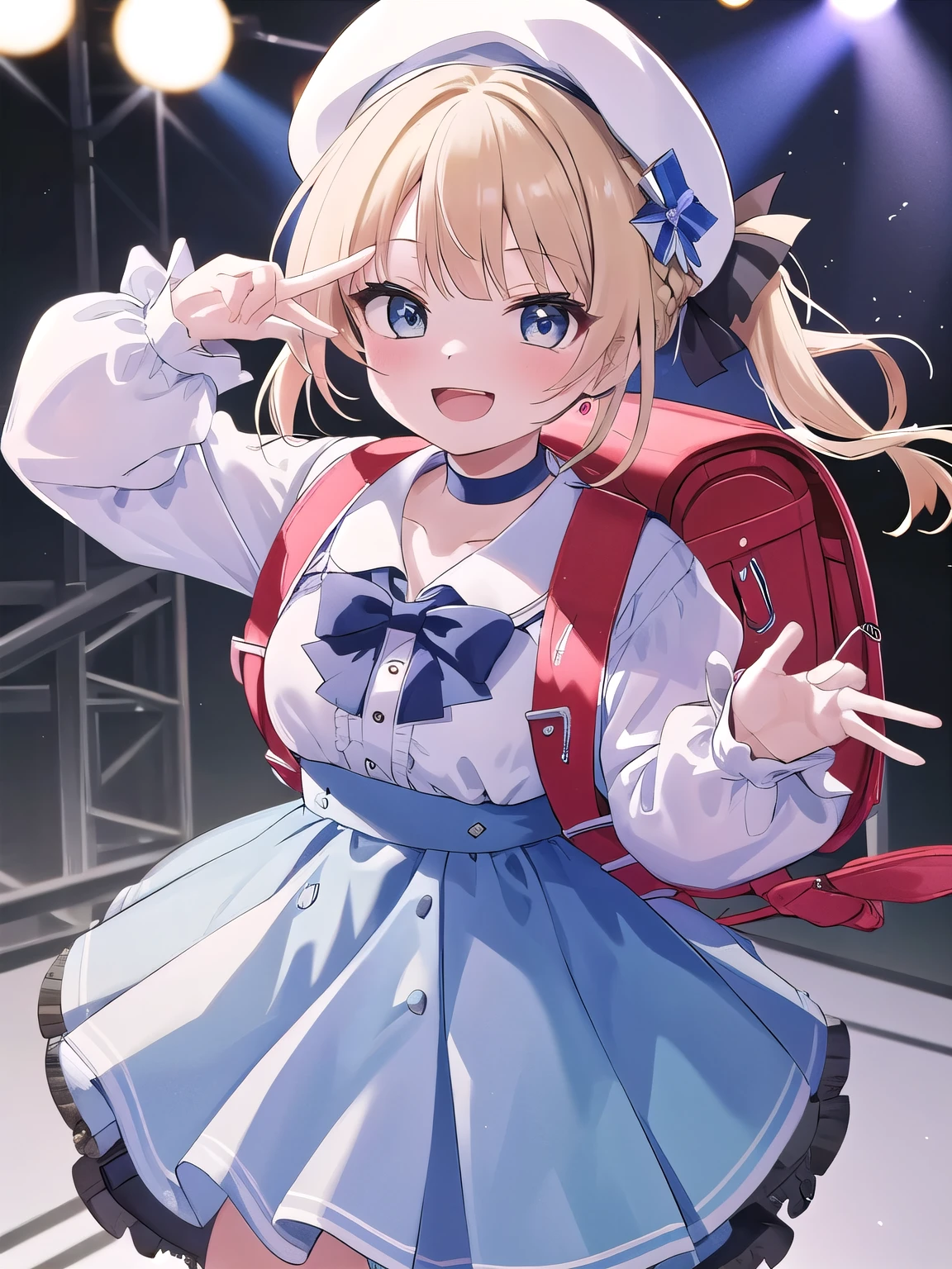 masterpiece, best quality, highres, 1girl, blonde hair, medium hair, idol dress,frilled dress , short twintails, braid, beret, white headwear, hat bow, choker, bowtie, blue dress, long sleeves, wrist cuffs, stage, smile, open mouth, holding microphone, wearing school backpack, (backpack:1.1), red backpack 