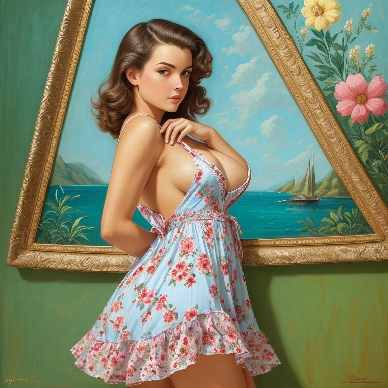 A sensual Rachel Cook, standing, leaning forward,  lifting slirt to adjust stockings and garters.  White panties.  View from rear,  (((wearing a loose fitting, short, red, floral sundress))), (((sideboobs))), medium breasts, cleavage.  (((Bright blue eyes))).  Full body portrait, pin-up painting from the '50s, in the art style of Alberto Vargas, Baron Von Lind, award-winning, masterpiece  