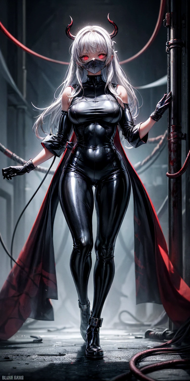masterpiece, best quality, 8K, number, 1 girl, alone, stand up, youth, white hair, long white hair, hair accessories, Red eyes, round pupils, Emotionless expression, Bloodstained mechanical parts, electric wire, cable, failure effect, scary, Science fiction, futuristic, The background is darker inside, neon lights, cyberpunk characters, surreal, Strange, Disturbing, spine-chilling, scary, One-piece Pants,Red eyes,Venom Possession,blackened,Long black gloves,Rompers,Tight latex jumpsuit,Highlight her graceful figure,Wrap the whole body and stand up,symbiont,((Raised sexy)),One-piece Pants,Red eyes,Venom Possession,blackened,Long black gloves,Rompers,Black latex clothing,Blood-Red eyes,best quality, High resolution, super detailed, Vivid texture, mask, Tight latex jumpsuit, Bangs,purple hair, blue eyes