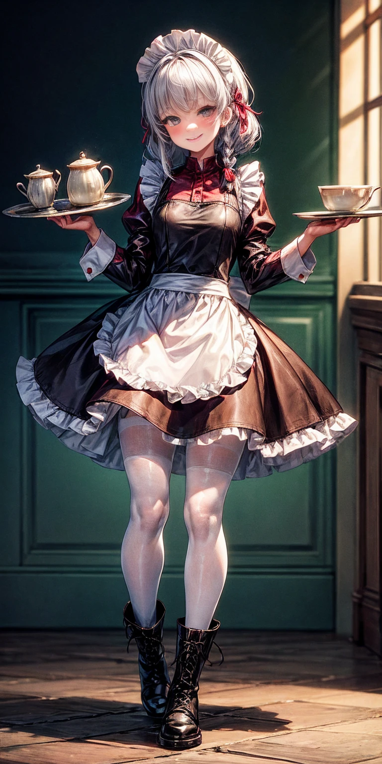 full body standing straight symmetrical, lustful smirking smile face red blush red cheeks, looking at viewer, holding tray, braid, maid headdress, maid, dress, apron, long sleeves, brown pantyhose, long leather militar boots, thighs, long white hair, masterpiece