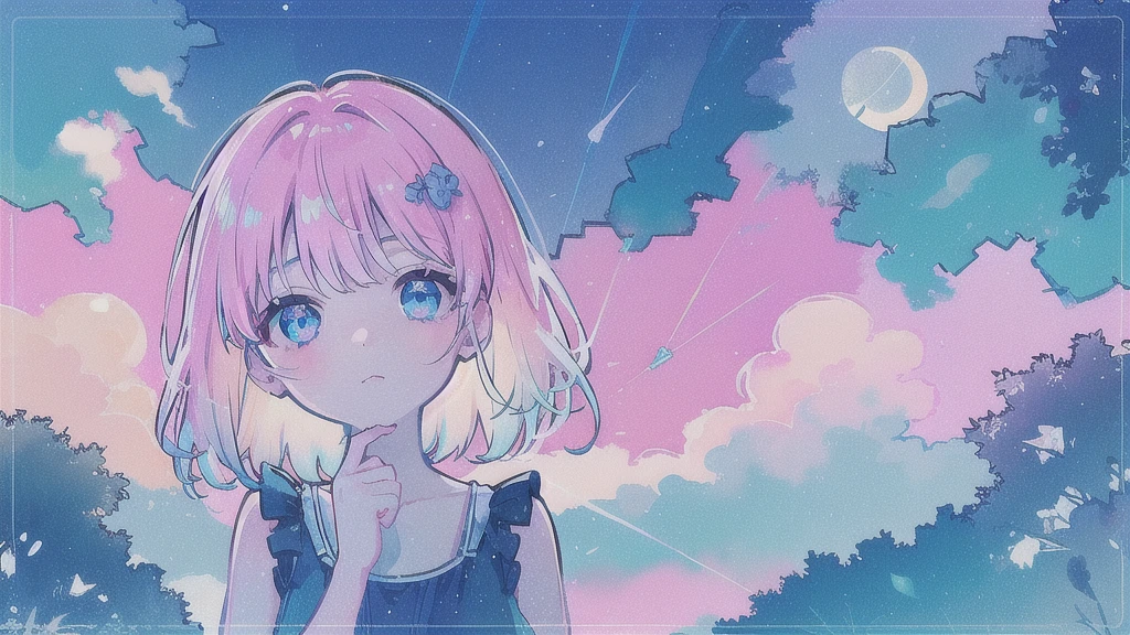 (watercolor), (low contrast), (face, 1 girl, sundress, look at viewer), (starry sky, moon)
