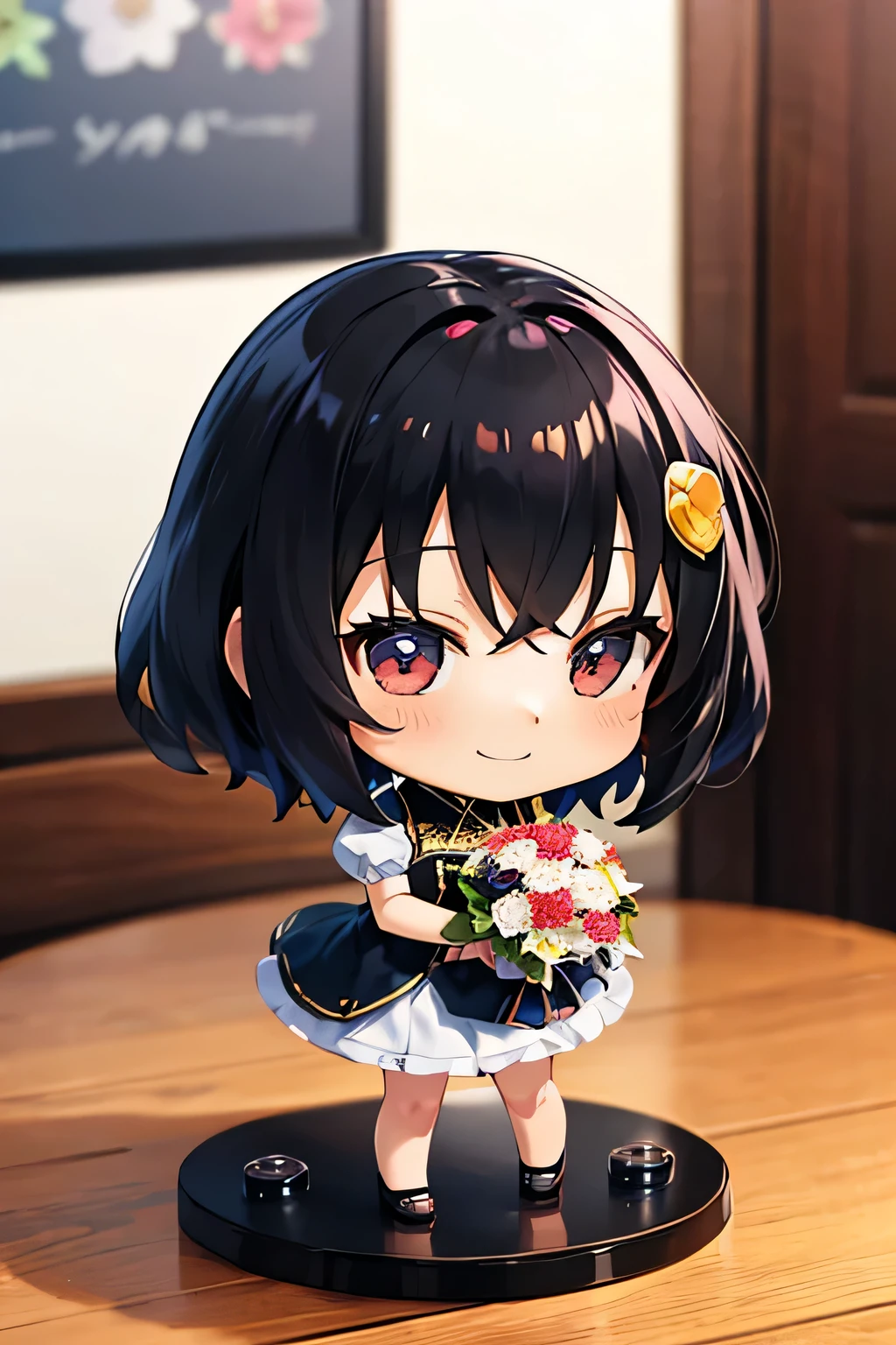 (Chibi:1.3), Happy, (holding a bouquet), full body, (costume), indoors, on the table, (Nendoroid:1.1),