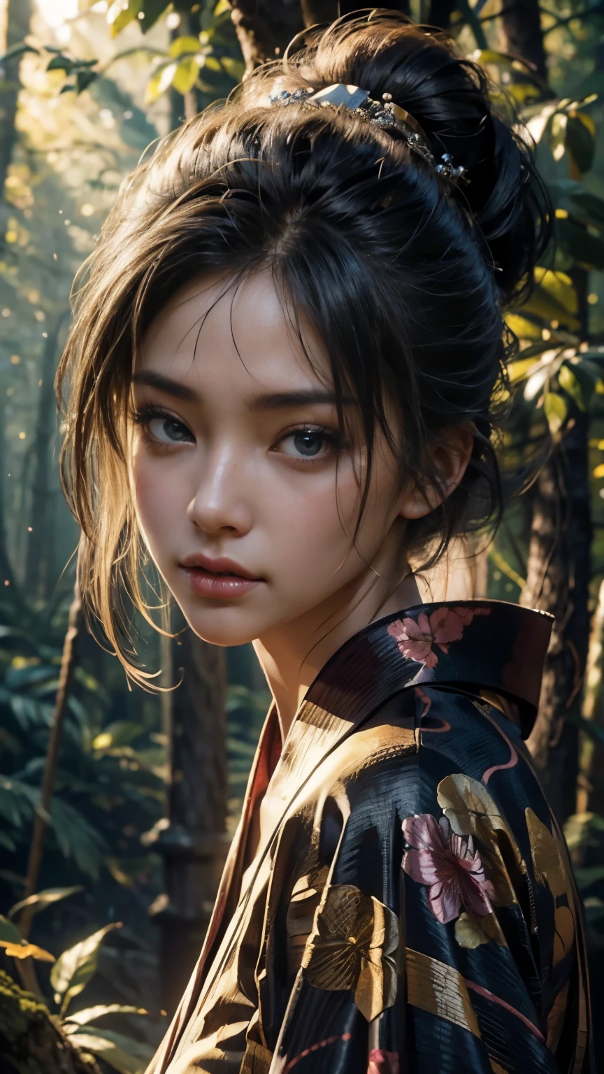 (8K, highest quality, masterpiece:1,2), (reality的な, Photoreal:1.37), Super detailed, one girl,), (very detailed), (detailed and beautiful eyes), (highest qualityの), (Super detailed ), (masterpiece), (detailed face),woman((19 years old)),masterpiece、1 beautiful girl、 (reality: 1.4), Japanese、asian beauty、super beautiful、beautiful skin、thin、(Upper body)、(超reality的な)、(High resolution)、(8K)、(very detailed)、(detailed and beautiful eyes)、(Super detailed)、Big eyes、brown eyes、long eyelashes、detailed face、gloss lip,bright lighting、professional lighting、look at the camera、8K,ホラー的なin the forest,(masterpiece、highest quality:1.3)、Action scene of a high school girl wearing a Japanese kimono and holding a Japanese sword,超A high resolution,beautiful girl action scene、super beautiful(like the real thing),black hair ponytail、(1 girl)、((lips))、(nose)、((long face))、watering、stylish、sharp gaze,rugged appearance,look at the audience、soft makeup、textured、dynamic posture、 dramatic lighting:1.1、(perfect gradation)、coldness,particles of light、(written boundary depth)、(intricate details:1.2)、in the forest(highly detailed background)、,The charm of adult kimono,Oiran(flashy kimono)Towards that,glare,dark atmosphere,normal breast,in the forest,battle scene,masterpiece,highest qualityのフォトリアリスティックなRAW写真。bright colors,rich colors, Backlight, cinematic lighting, film grain, to be born, 50MM lens, Nikon D850,super realistic skin,fantasy art,character art,超High resolution,realistic scale skin,Perfect hand shape,view audience,beautiful expression,dynamic pose,action pose,cowboy shot,full body shot