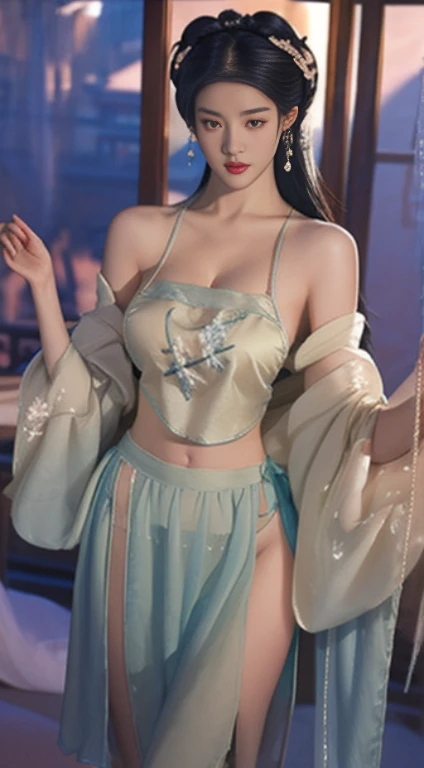 Super detailed,very detailed,best quality,masterpiece,Enlightenment,actual, web rod,Chinese underwear, [[[特写cleavage]]]]Huge long saggy breasts, looking at the audience，cleavage, 1个Giant Breast Girl, alone, long white hair, Half-hammered shark, clavicle, diaphragm, hanfu, shirt, , Chinese clothes, skirt, long sleeve,wide sleeves, skirt,camisole, jewelry,hair accessories, Off the shoulders, shoulder, raise arms, eternal, looking at the audience, Floral fragrance, lantern,indoors, fail, blurred background, photo background,