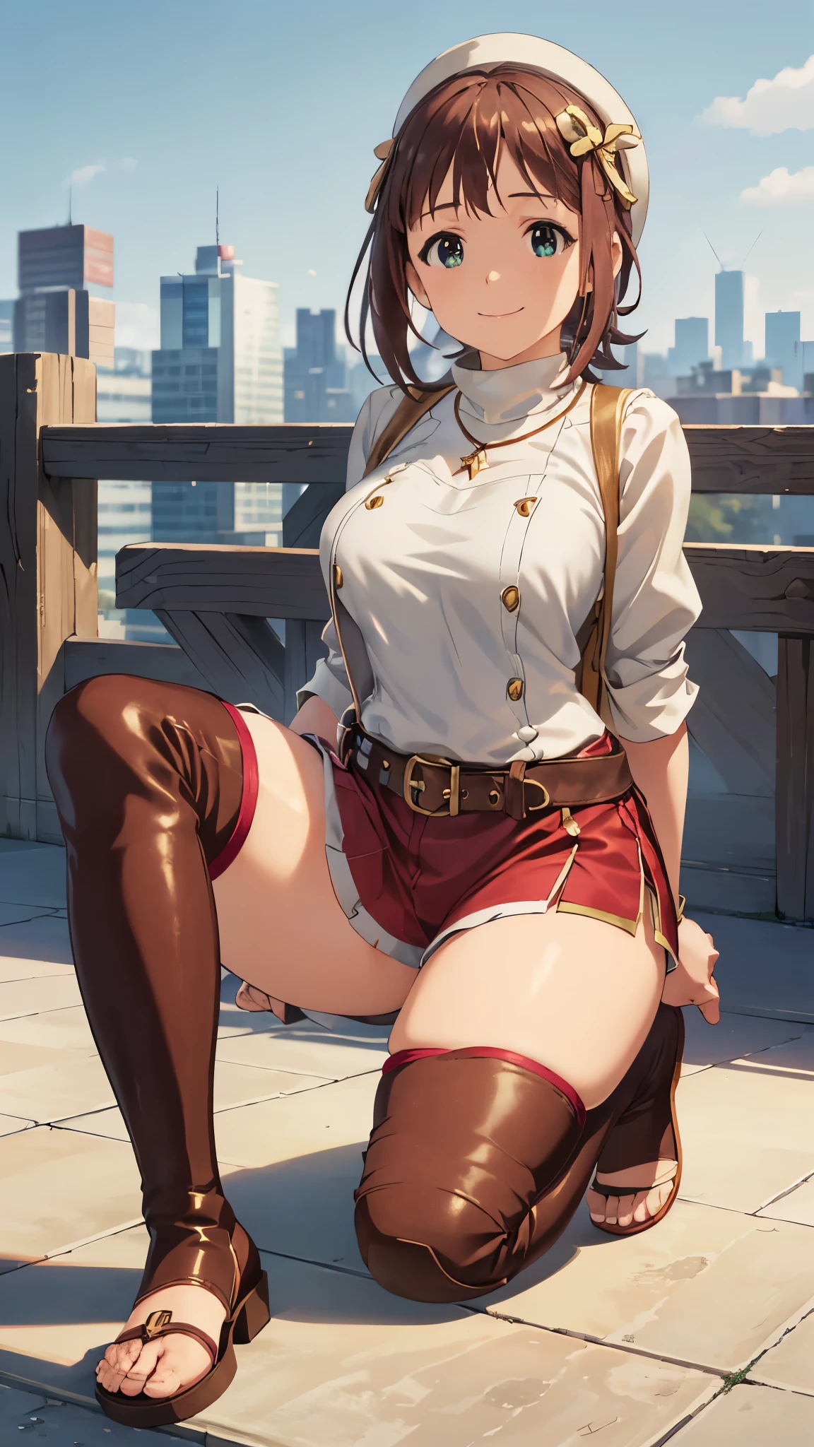 CG, unity, 8k, wallpaper, highest quality, masterpiece, 1 girl, haruka amami, idol pose, smile, view audience, (Knee-high boots that expose your toes like sandals: 1.5), thighs, sexy, best lighting, complex pupils, complex textile, realistic skin texture, detailed background, (In a Western-style fantasy city), outdoors