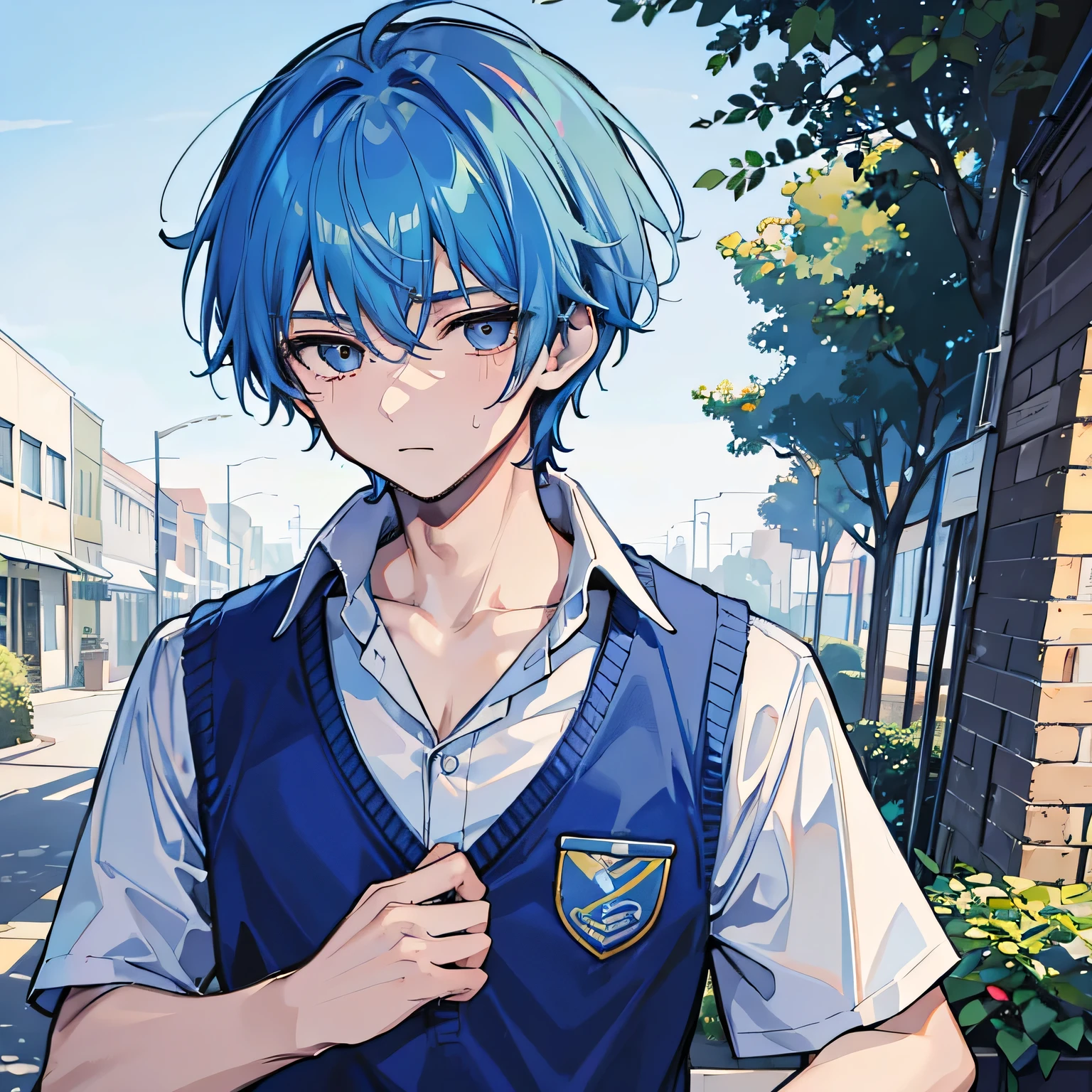 17-year-old boy with blue hair, handsome and preppy, sweating coldly